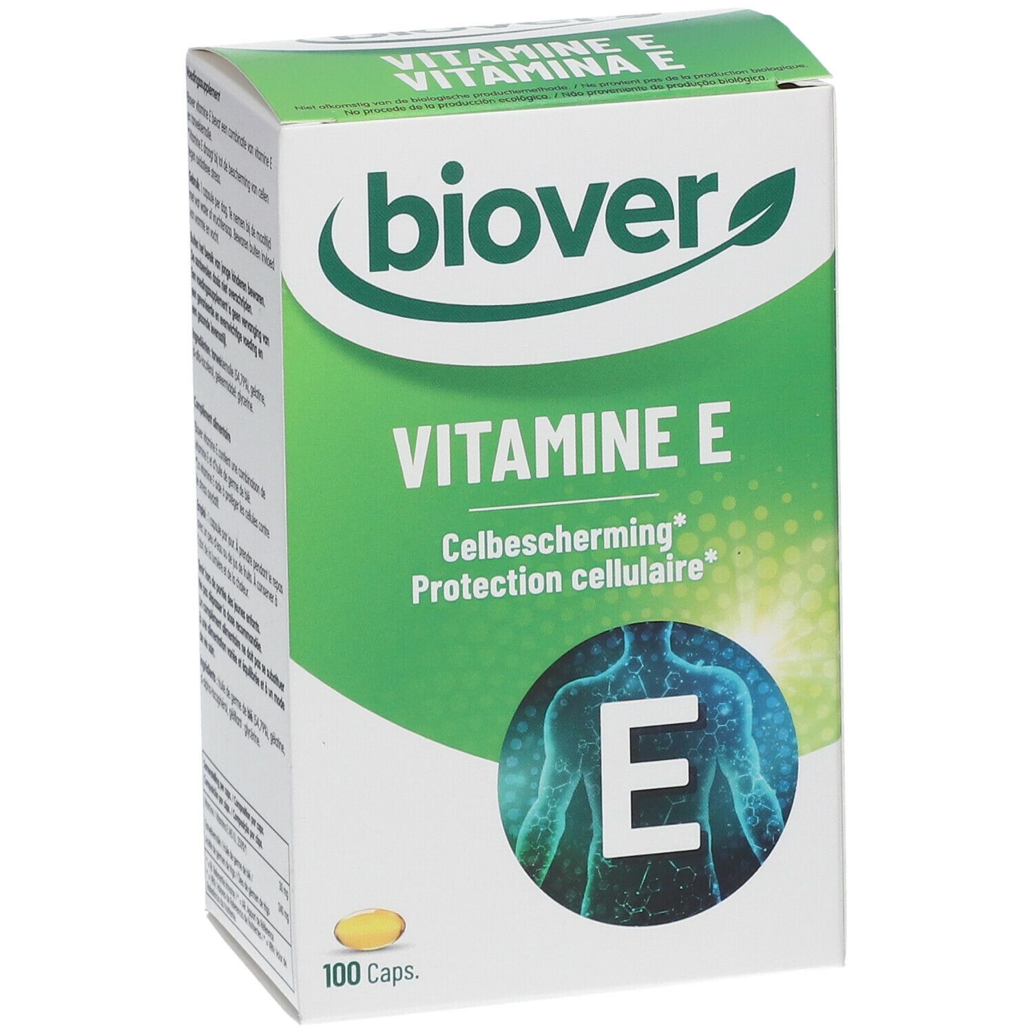 Face avant de la boîte biover Vitamine E. Inscription: Vitamine E, Celbescherming, 100 capsules. Capsule jaune en bas à gauche.