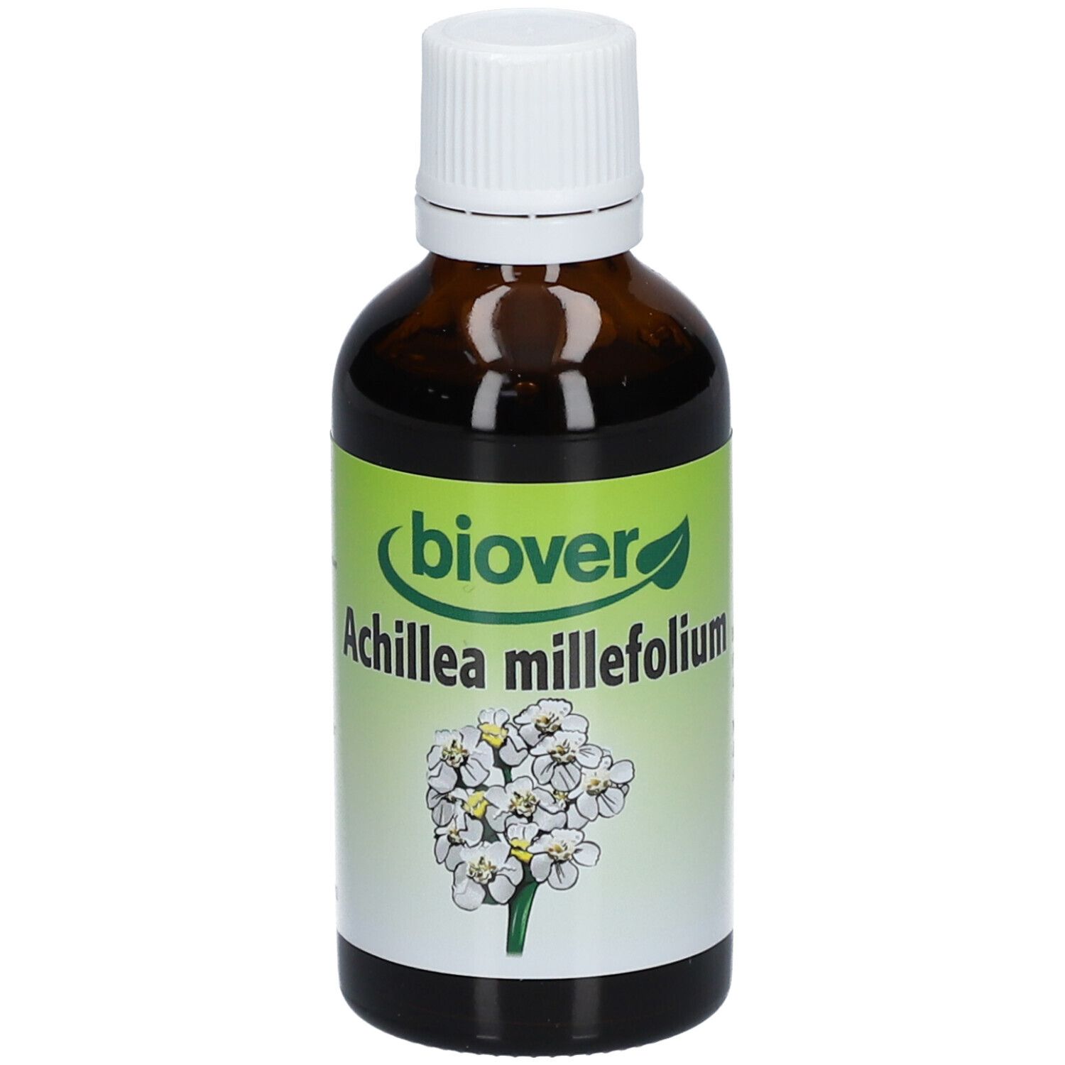 Flacon en verre brun avec bouchon blanc. Étiquette avec nom du produit et illustration de fleurs blanches. Marque : Biover.