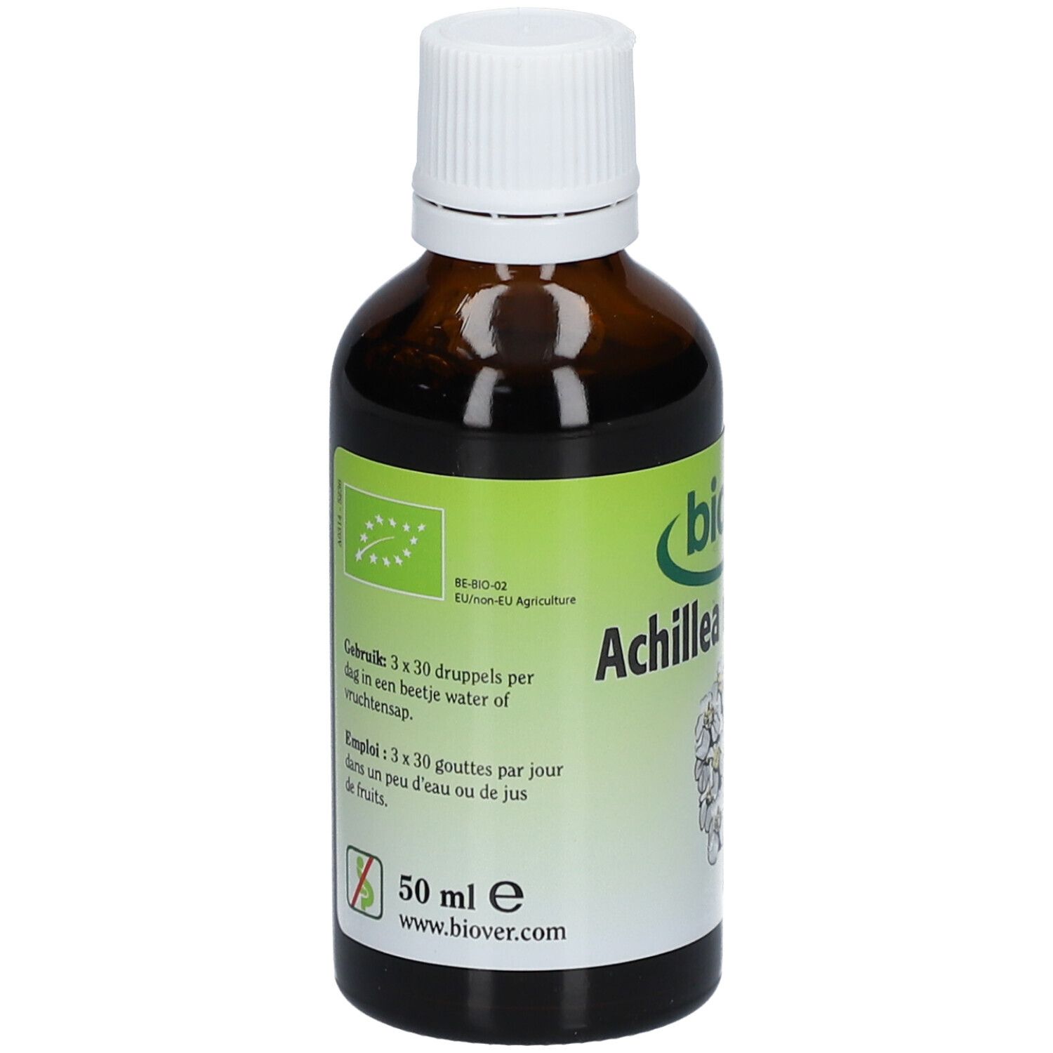 Flacon en verre brun avec bouchon blanc. Étiquette avec informations produit, label bio et indications de dosage. Marque : Biover.