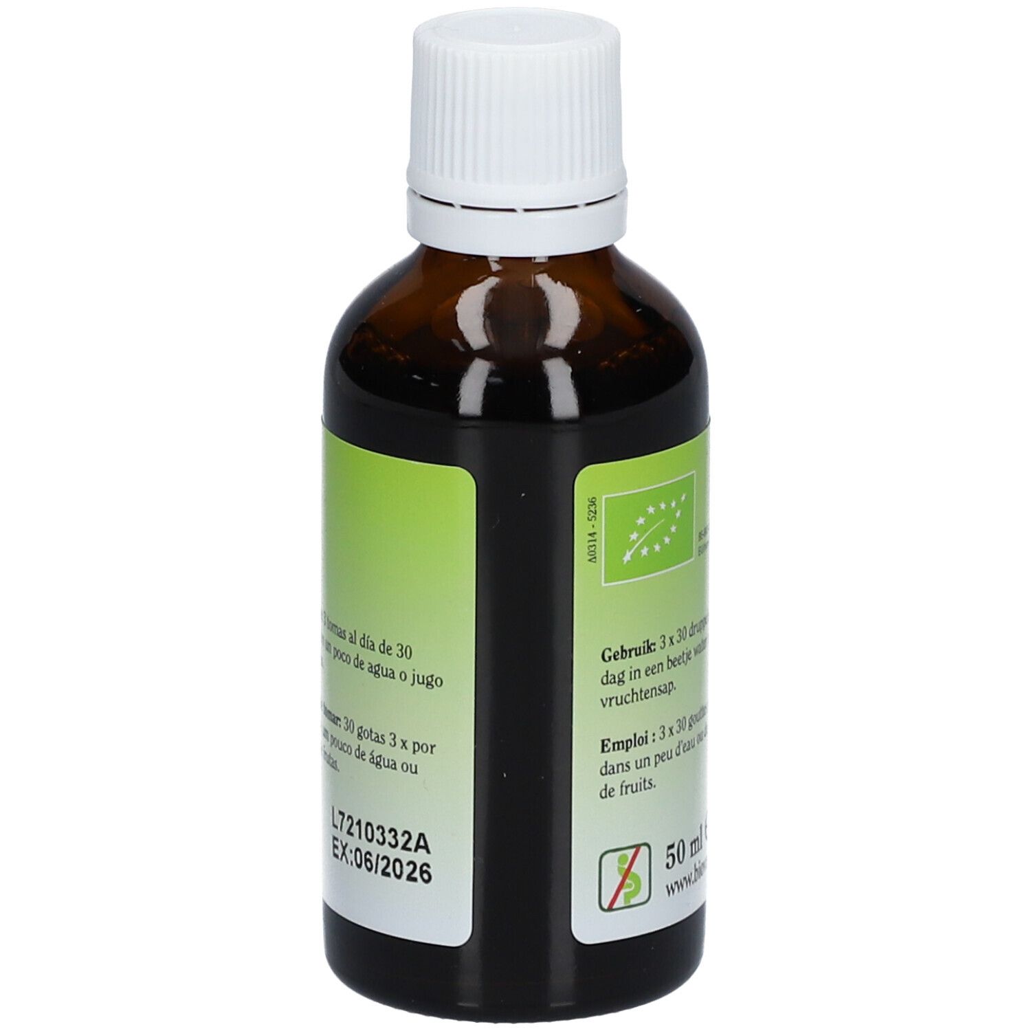 Dos d'un flacon en verre brun avec bouchon blanc. Étiquette avec informations produit, label bio et indications de dosage. Marque : Biover.