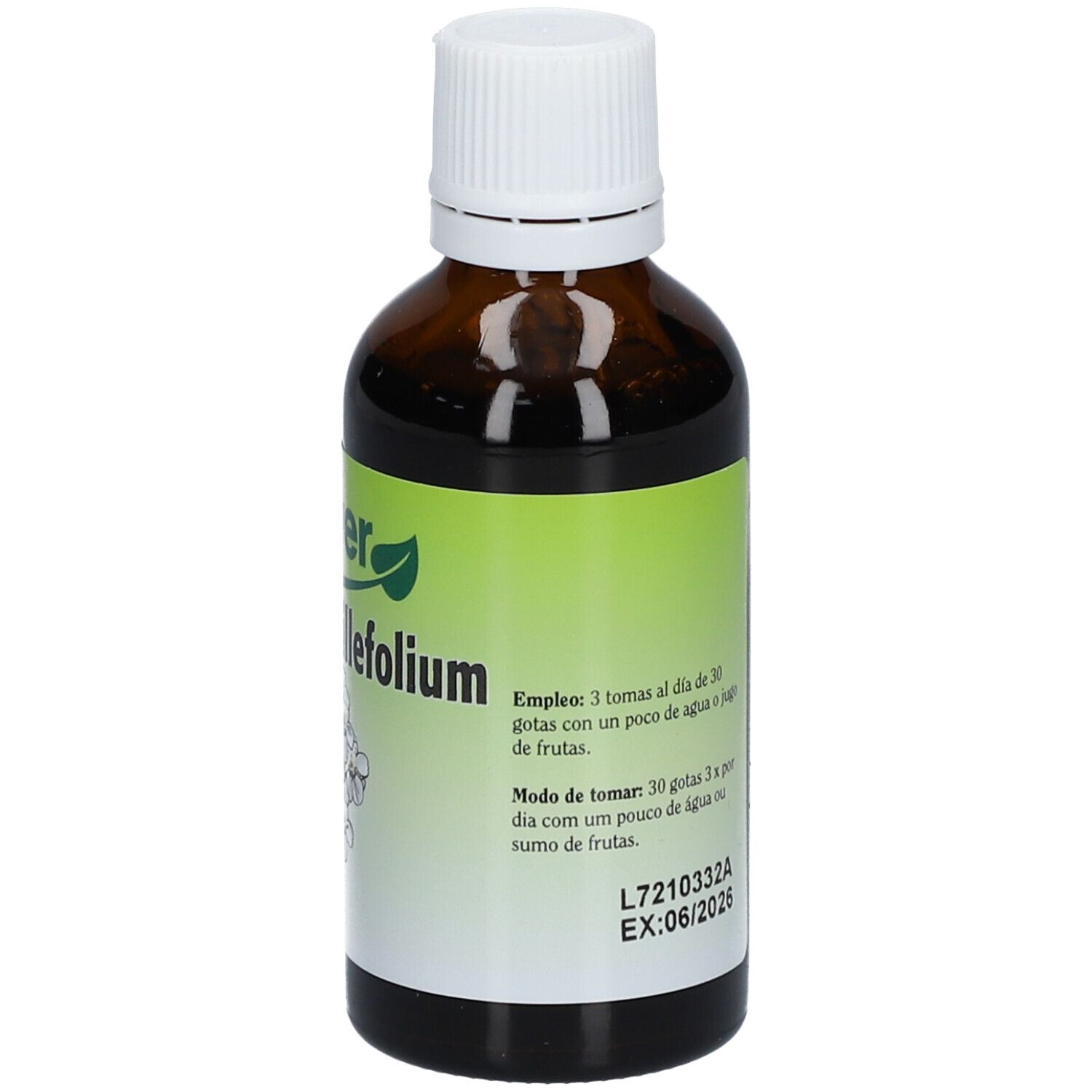 Flacon en verre brun avec bouchon blanc. Étiquette avec nom du produit, indications de dosage et date de péremption. Marque : Biover.