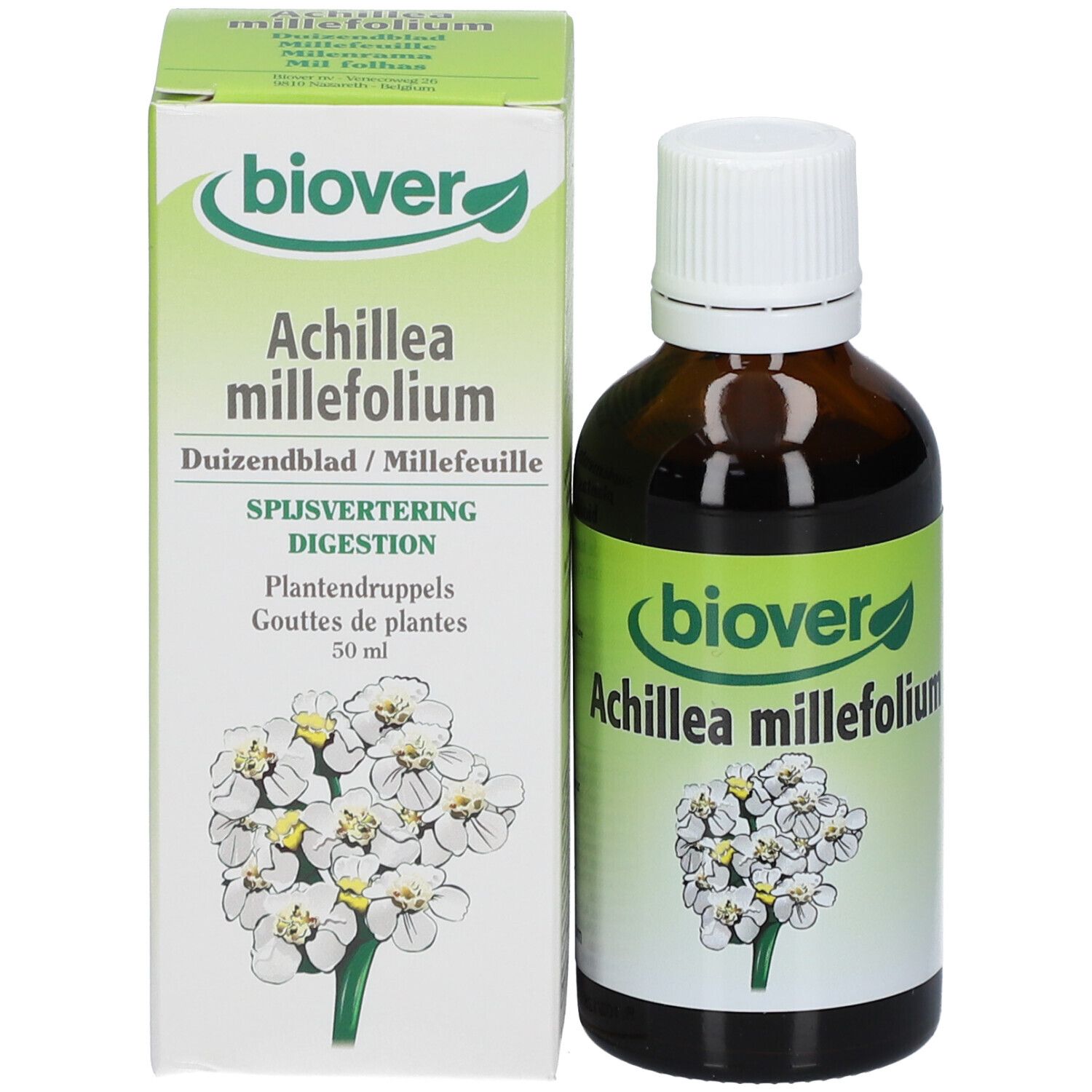Flacon et emballage du produit. Flacon brun avec bouchon blanc et boîte en carton. Inscription : Biover Achillea millefolium.