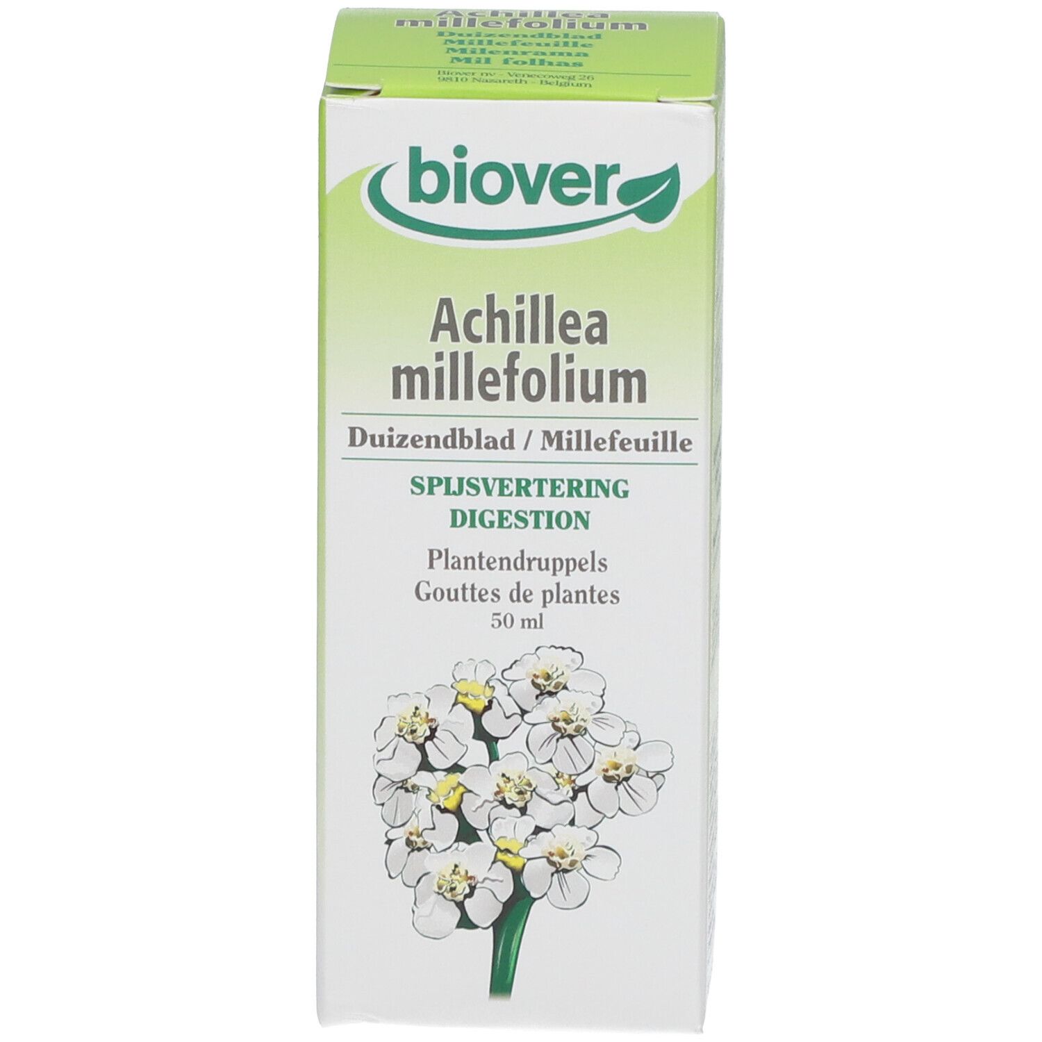Emballage en carton avec informations sur le produit. Inscription : Biover Achillea millefolium. Illustration de fleurs blanches. Couleurs vert et blanc.