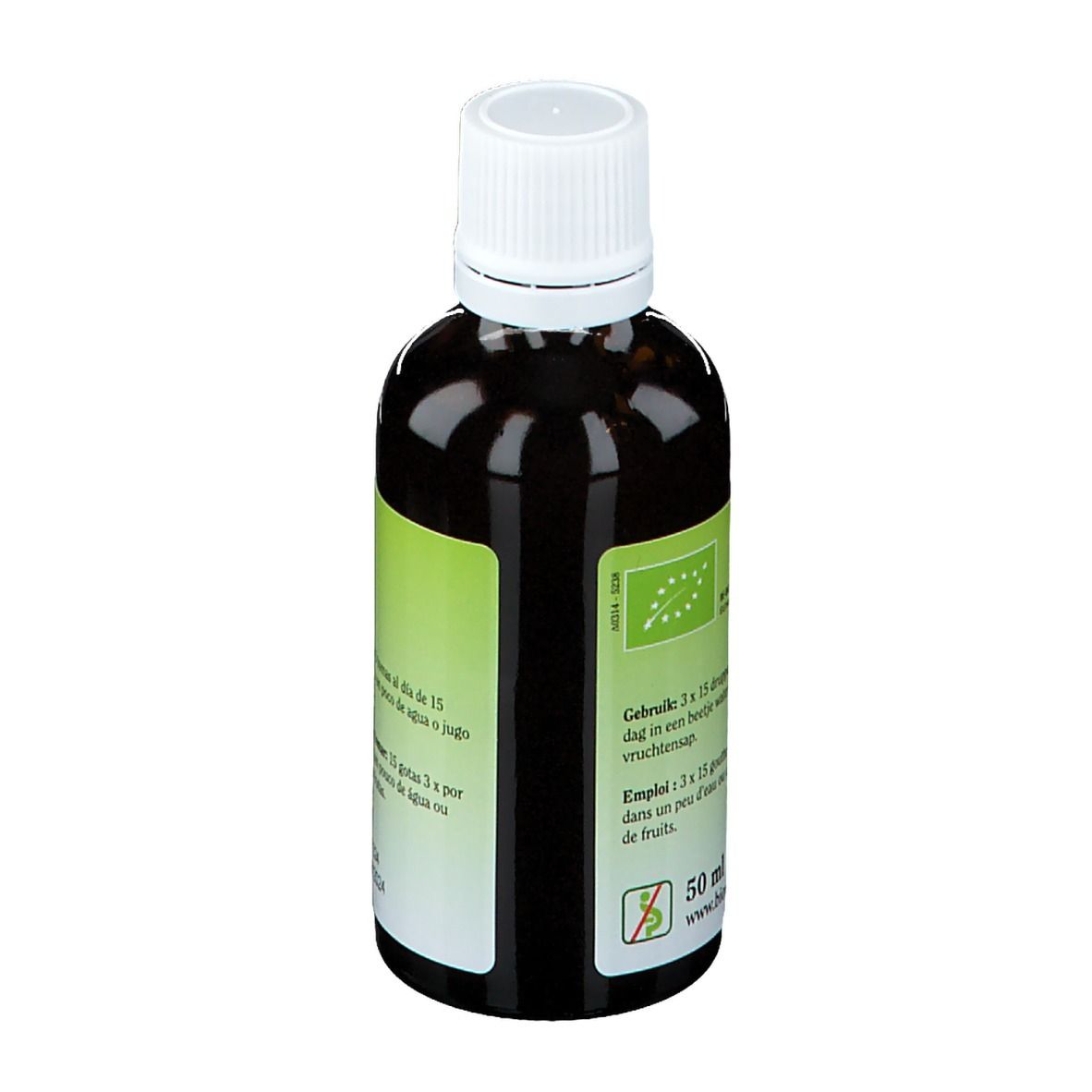 Flacon en verre brun avec bouchon blanc. Dos avec étiquette, texte et label bio. 50 ml.