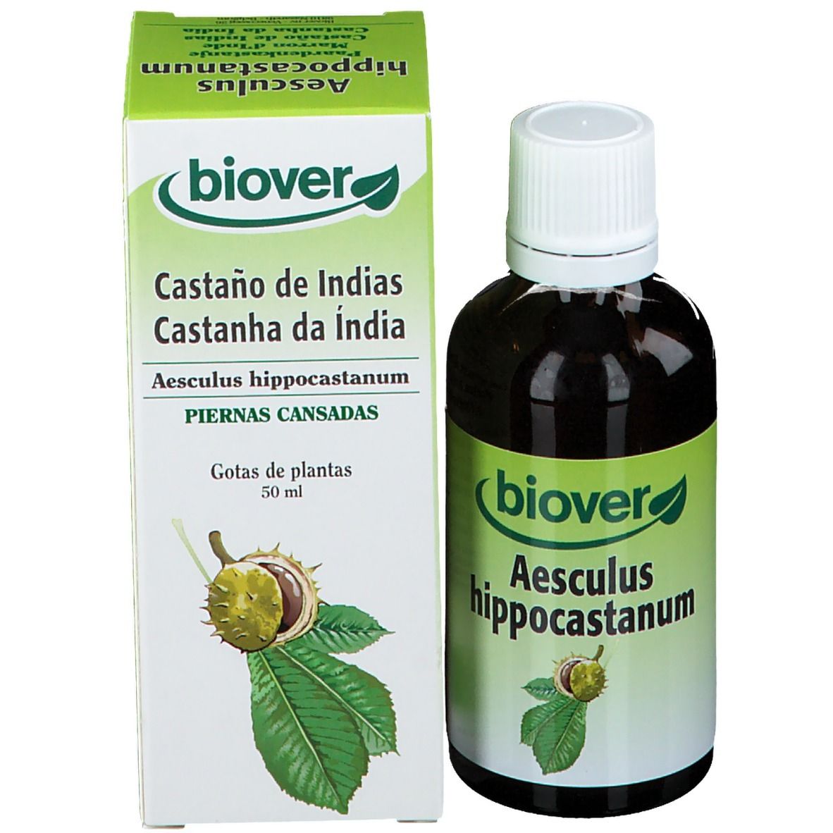 Flacon et emballage du produit. Flacon avec étiquette: Aesculus hippocastanum. Emballage avec nom du produit et logo.