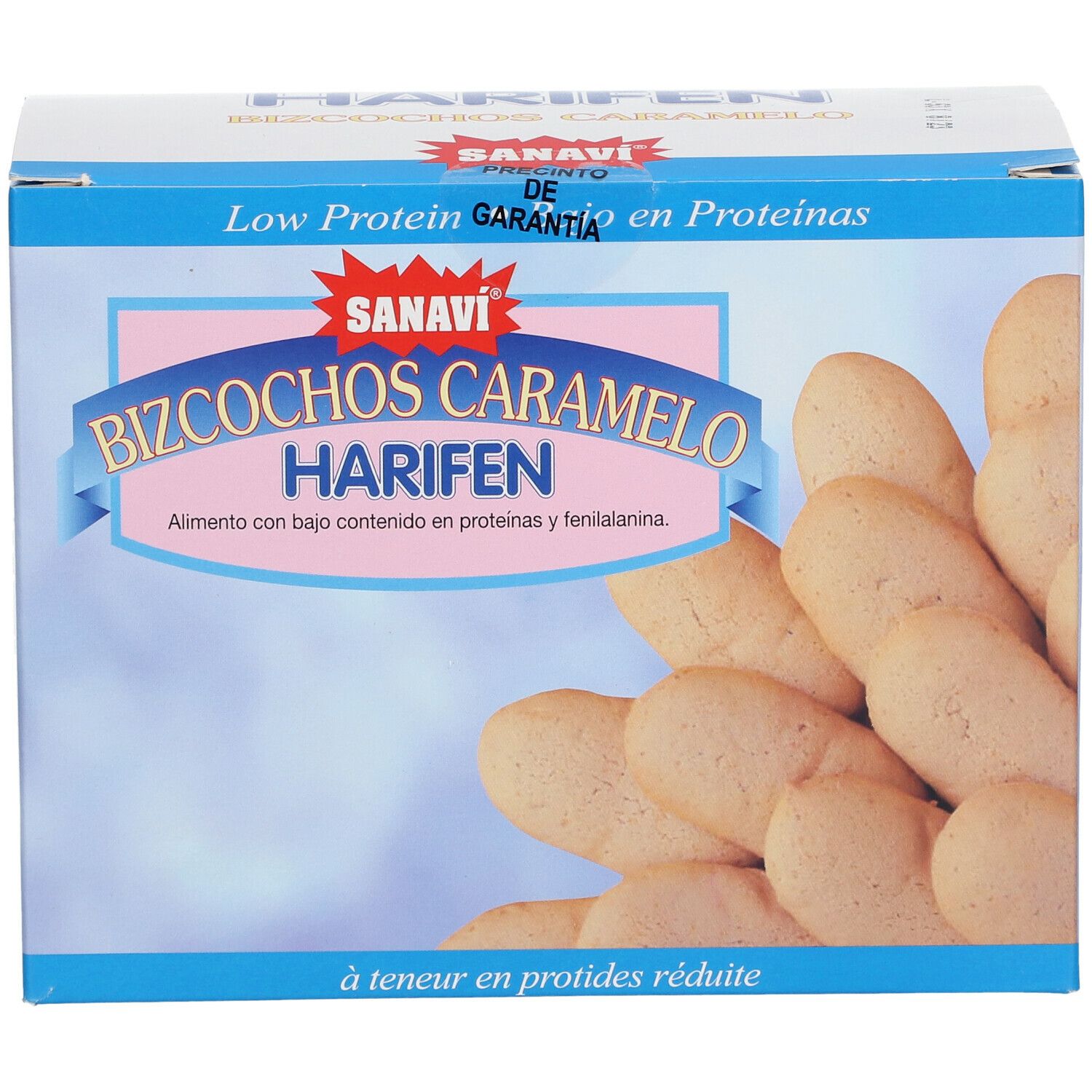Boîte de biscuits. Inscription: SANAVI HARIFEN BIZCOCHOS CARAMELO. Faible teneur en protéines. Emballage produit.