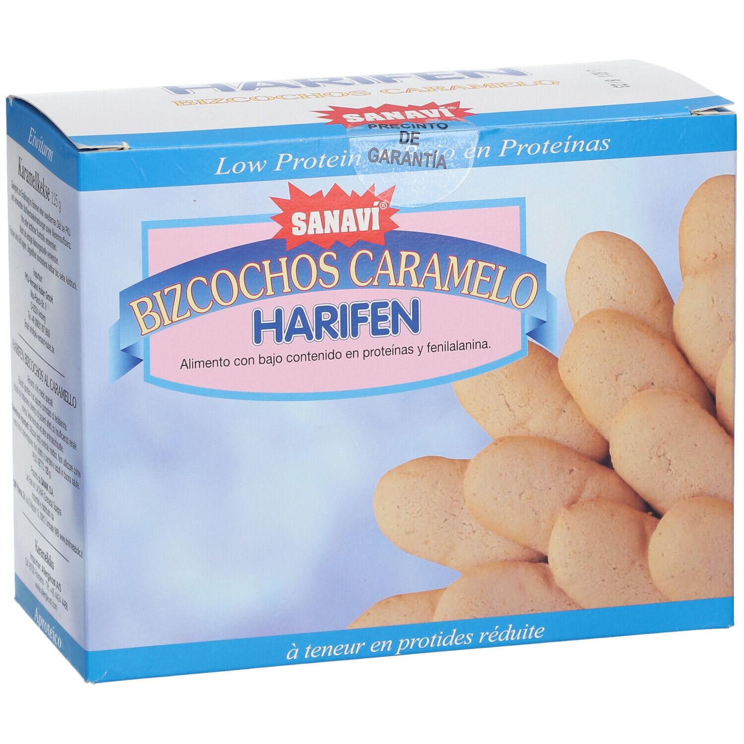 Boîte de biscuits. Inscription: SANAVI HARIFEN BIZCOCHOS CARAMELO. Faible teneur en protéines. Emballage produit.