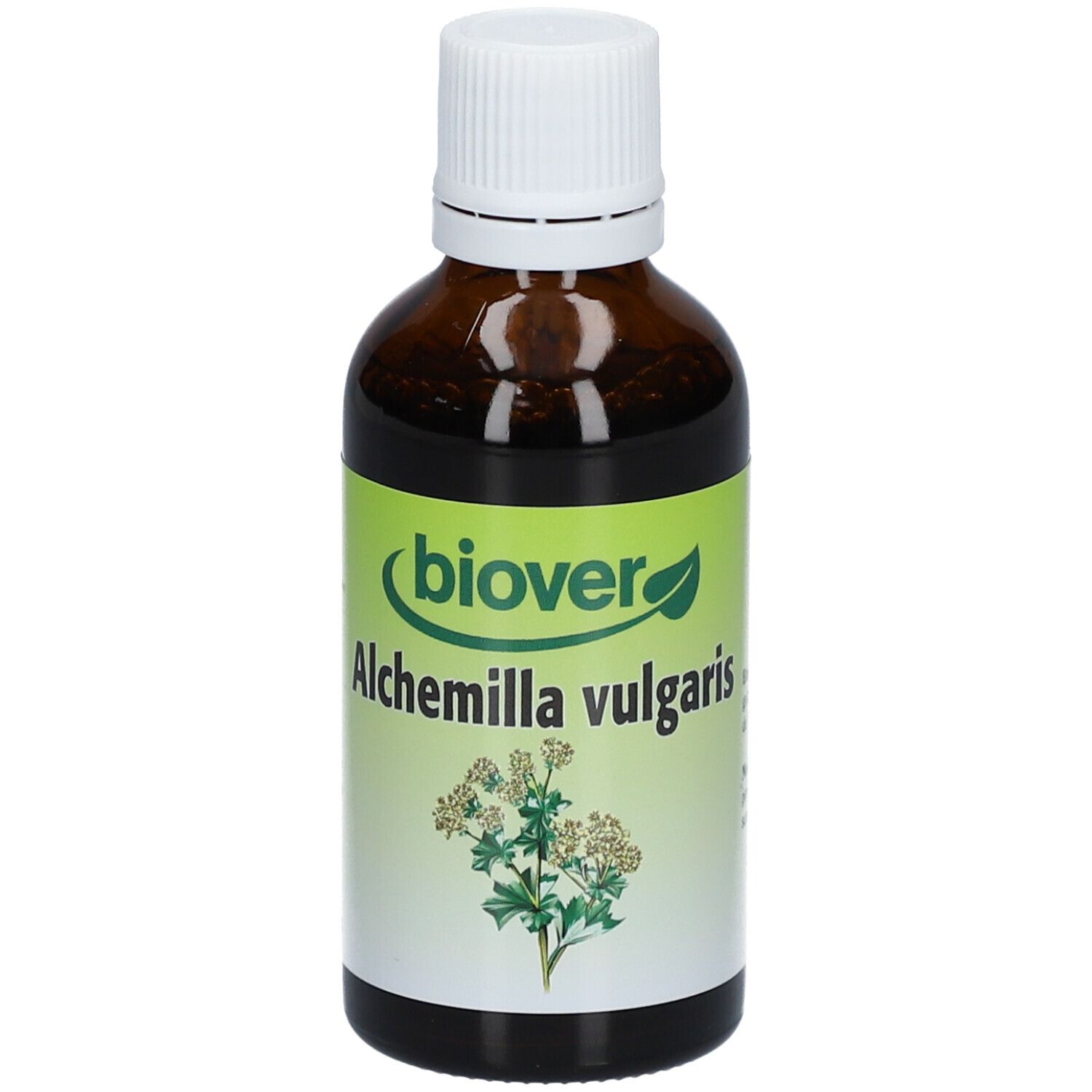 Bruine glazen fles met witte dop. Groen etiket met productnaam en plantillustratie. Merk: Biover.