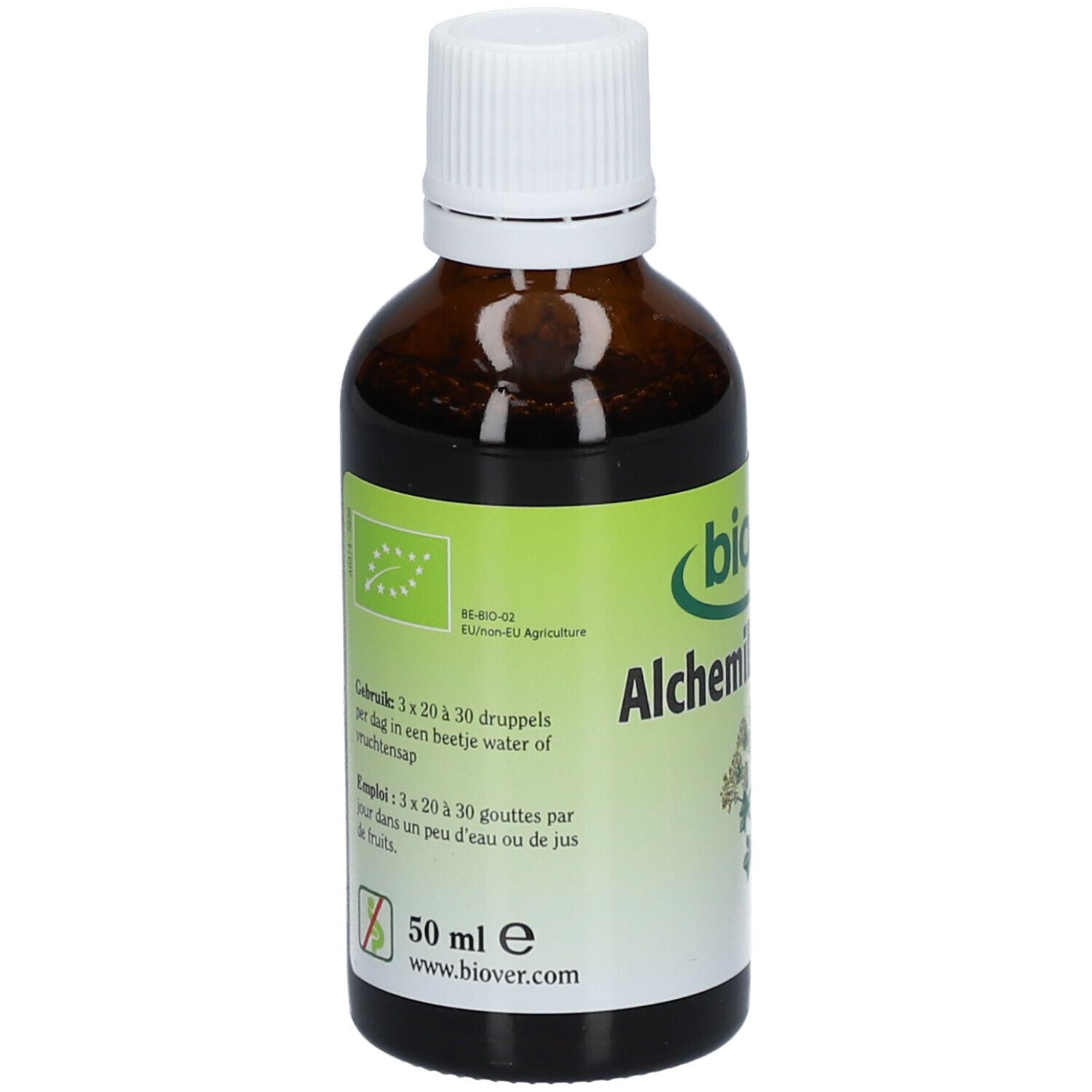 Bruine glazen fles met witte dop. Groen etiket met productnaam, EU-bio logo en doseringsinstructies. Merk: Biover.