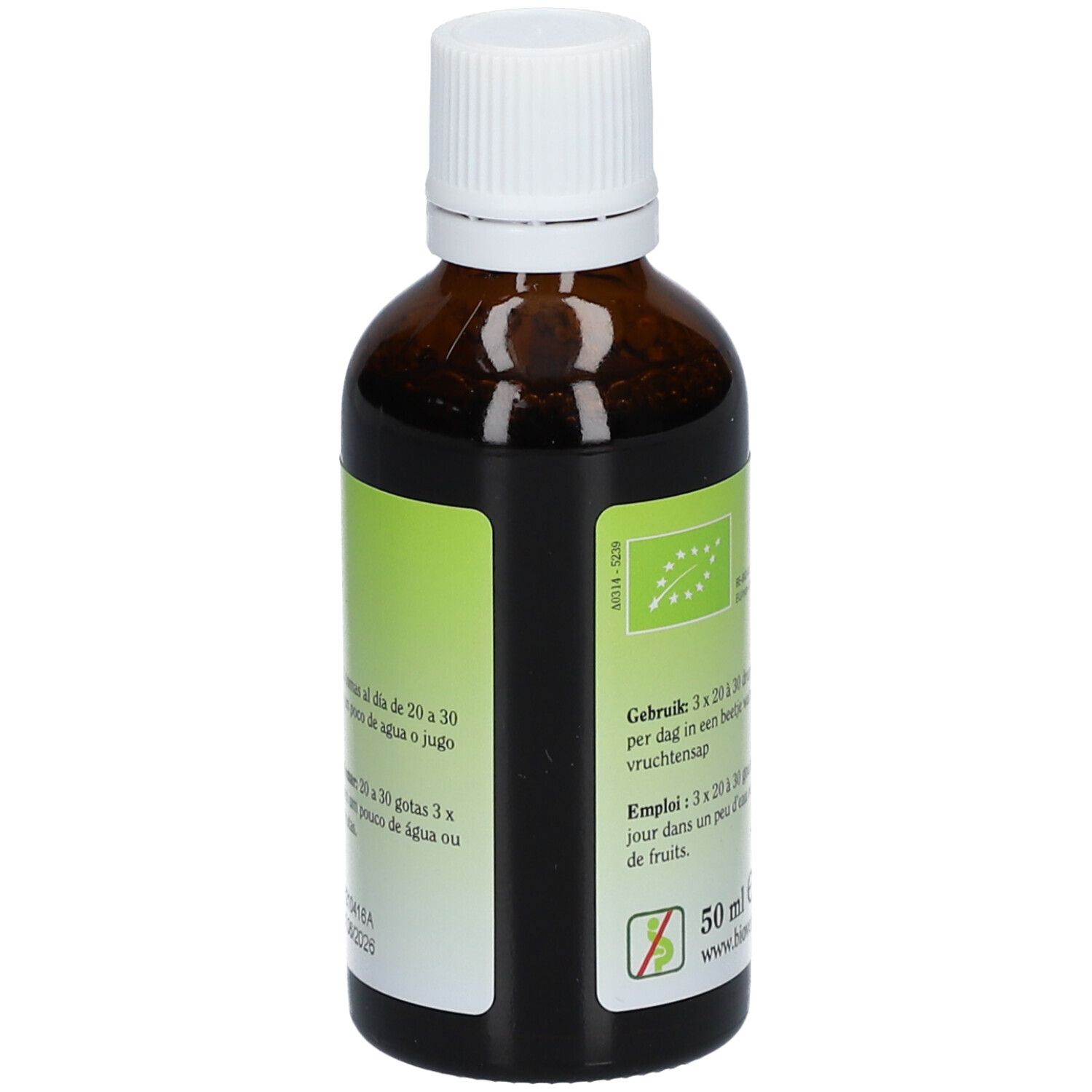 Bruine glazen fles met witte dop. Groen etiket met meertalige tekst, EU-bio logo en doseringsinstructies. Merk: Biover.