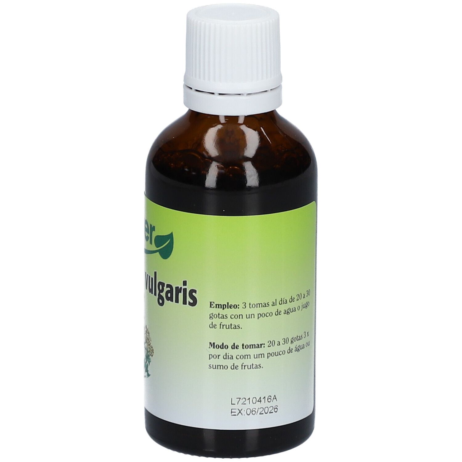 Bruine glazen fles met witte dop. Groen etiket met meertalige tekst en doseringsinstructies. Merk: Biover.