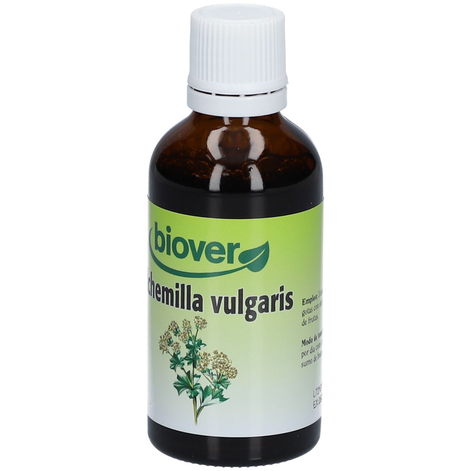 Bruine glazen fles met witte dop. Groen etiket met productnaam en plantillustratie. Merk: Biover.