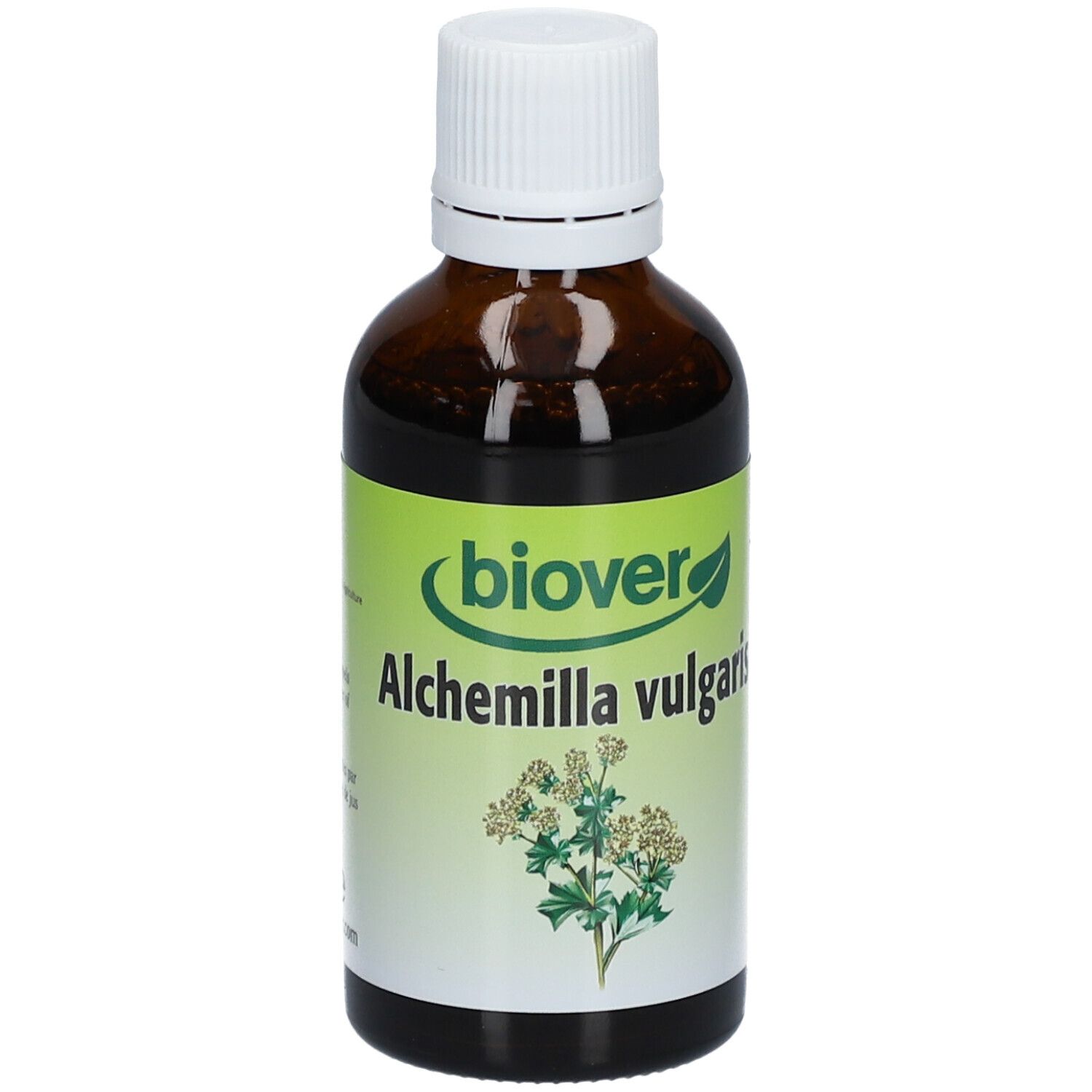 Bruine glazen fles met witte dop. Groen etiket met productnaam en plantillustratie. Merk: Biover.