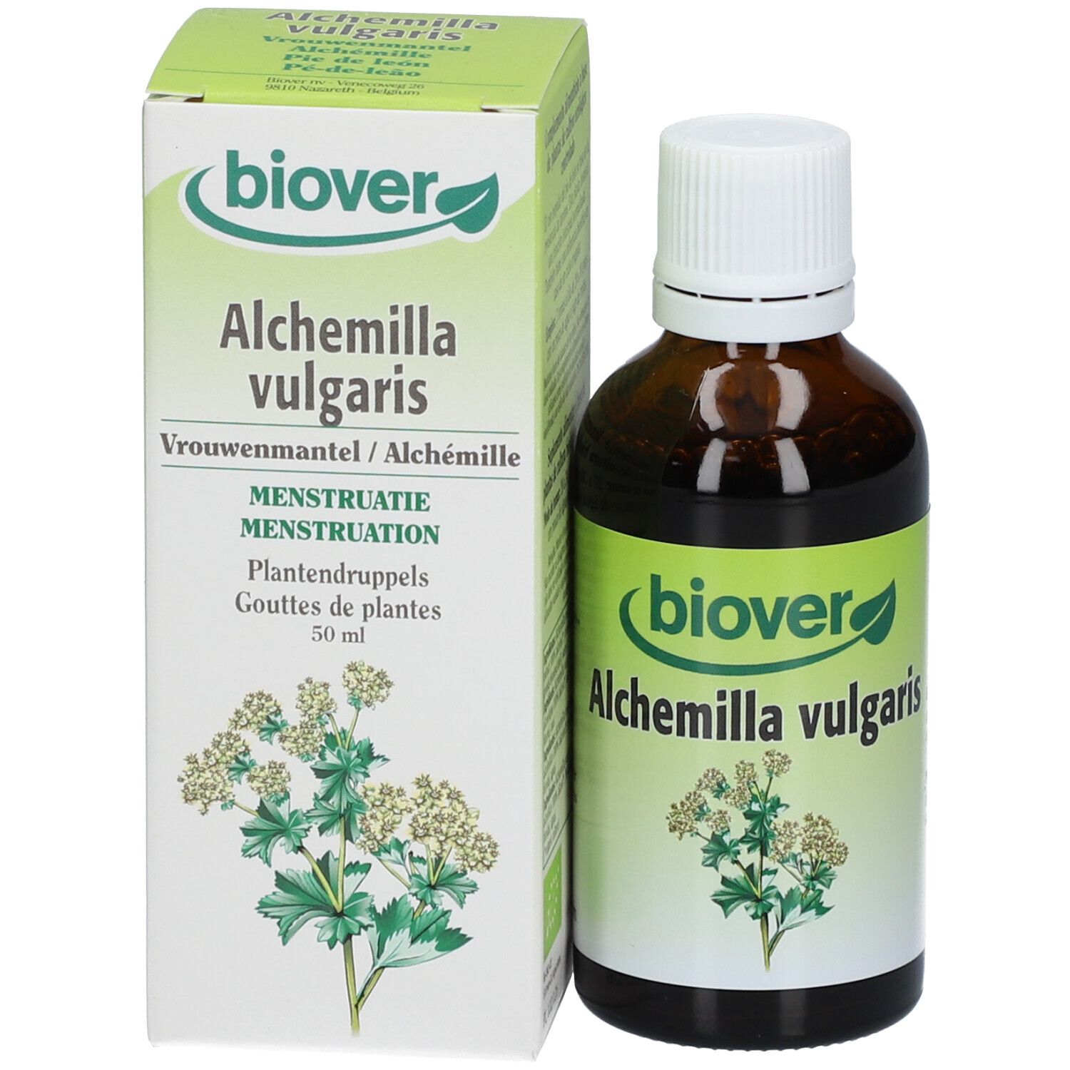 Productfles en verpakking. Fles met groen etiket, verpakking met productnaam en plantillustratie. Merk: Biover.