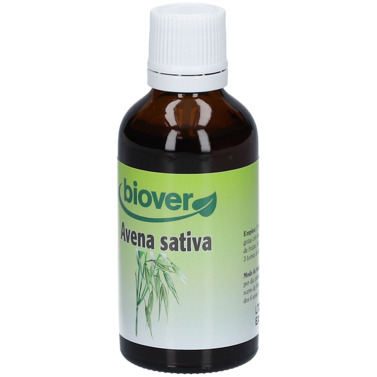 Flacon en verre brun avec bouchon blanc. Étiquette "biover Avena sativa".