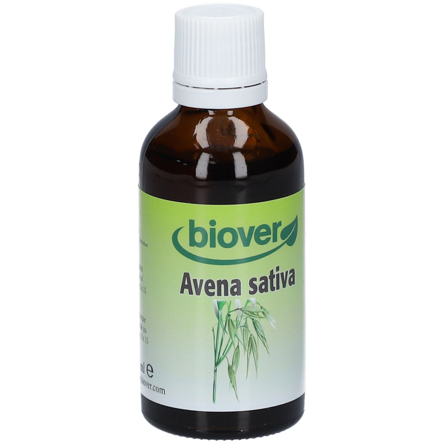 Flacon en verre brun avec bouchon blanc. Étiquette "biover Avena sativa".