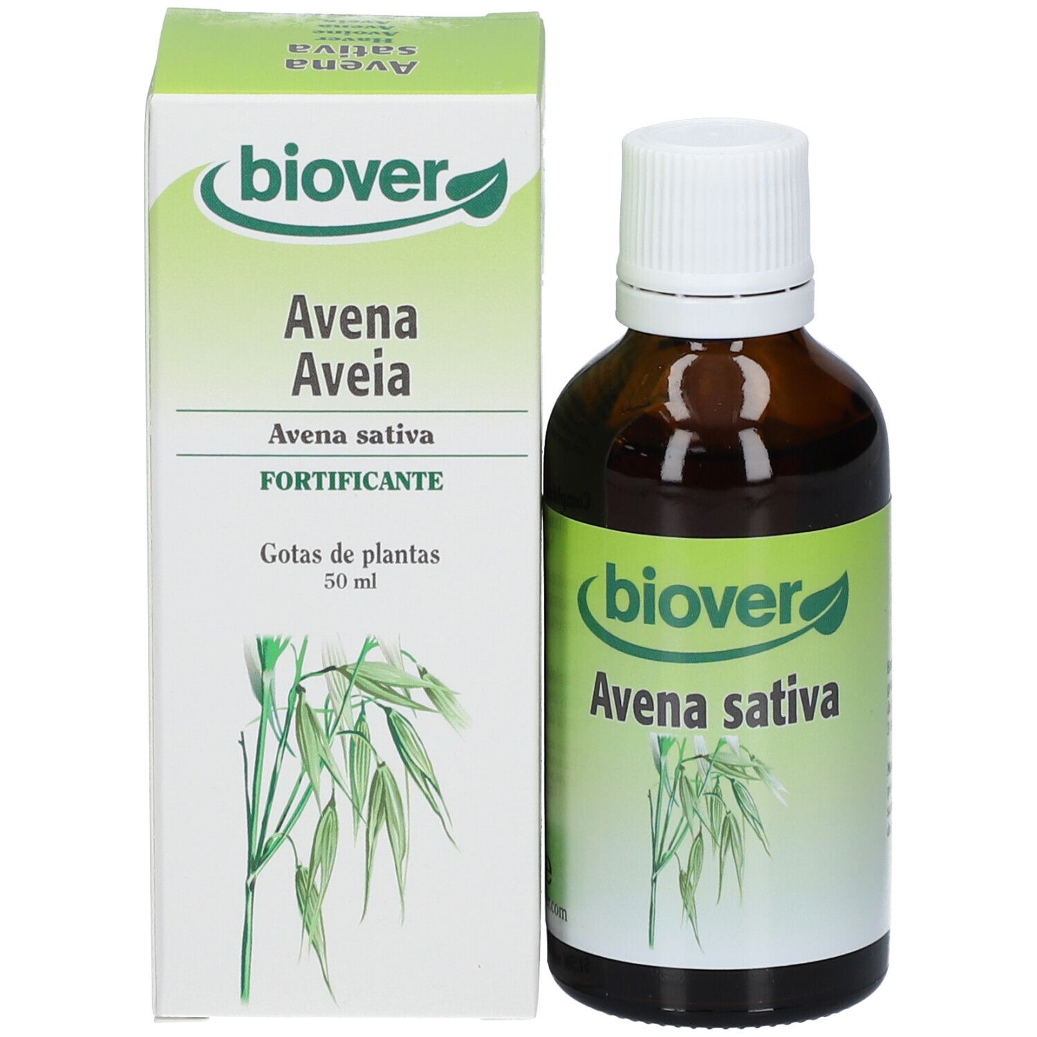 Flacon en verre brun et boîte. Sur la boîte : "biover Avena Aveia".