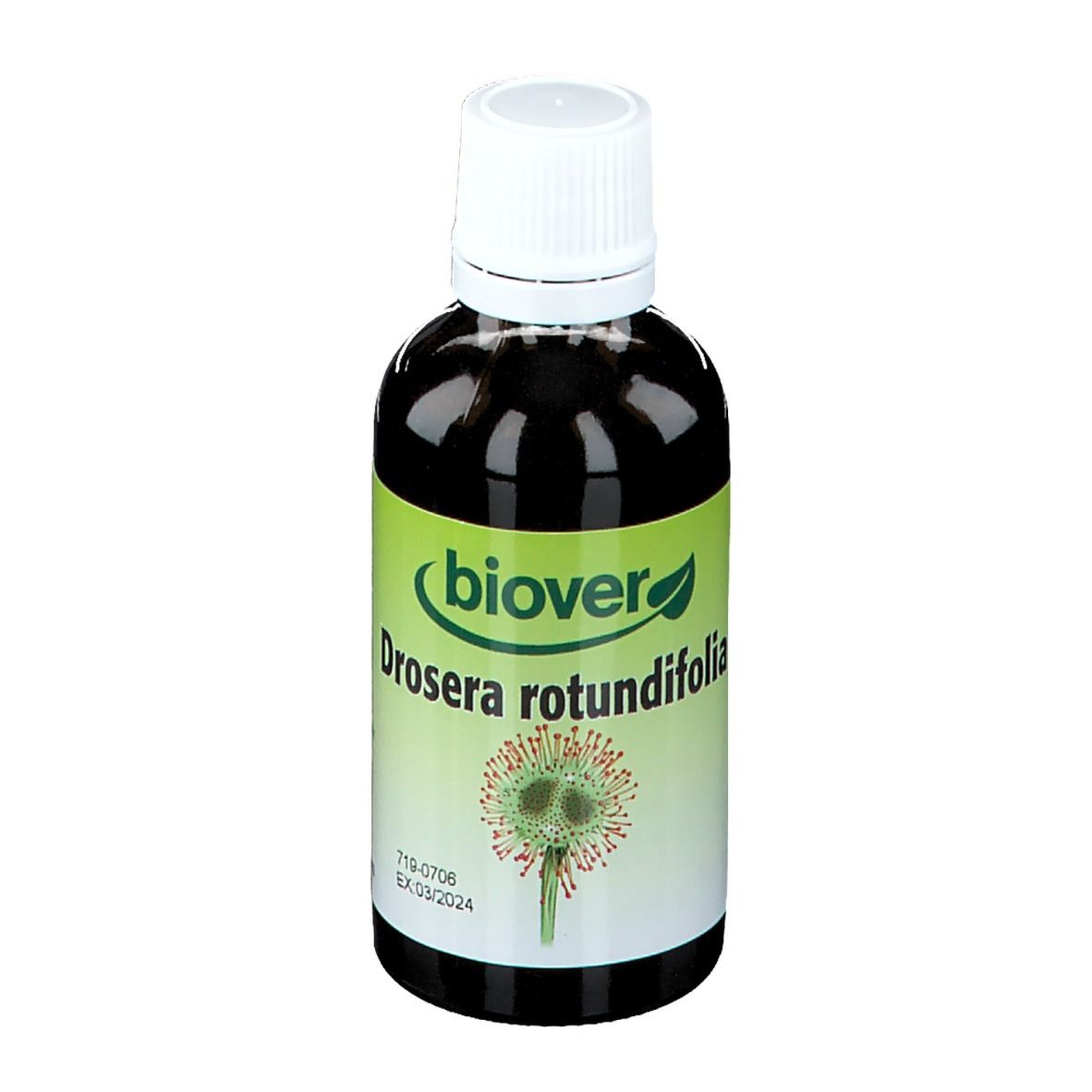 Braune Flüssigkeit in einer Flasche mit weißem Deckel. Auf dem Etikett steht "biover Drosera rotundifolia".
