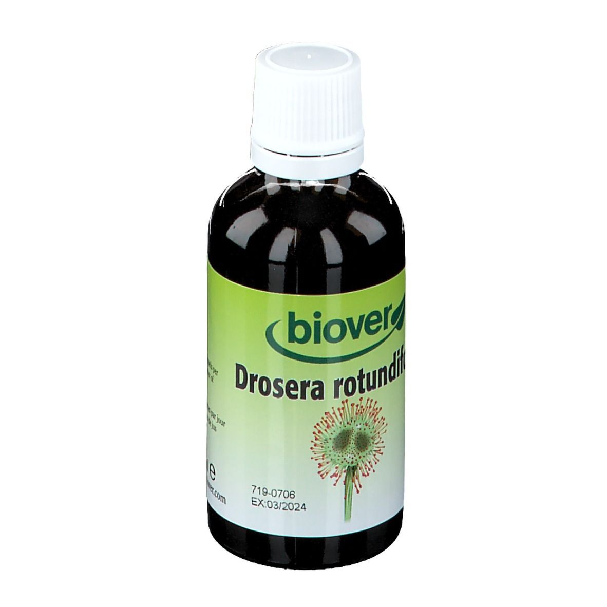 Flasche mit brauner Flüssigkeit und weißem Deckel. Etikett mit "biover Drosera rotundifolia" und Haltbarkeitsdatum.