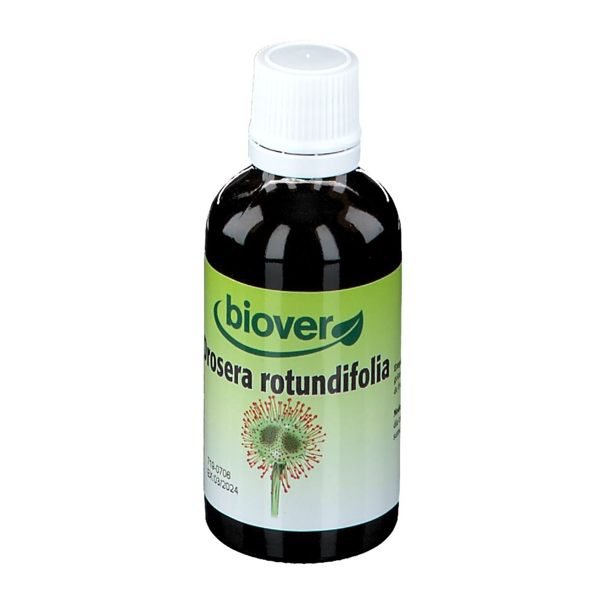 Flasche mit brauner Flüssigkeit und weißem Deckel. Etikett mit "biover Drosera rotundifolia" und Logo.