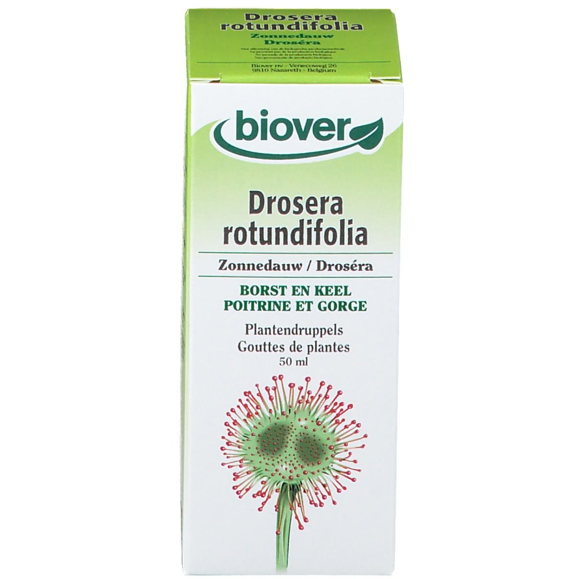 Verpackung mit "biover Drosera rotundifolia". Grün-weiße Schachtel mit Produktnamen und Abbildung.