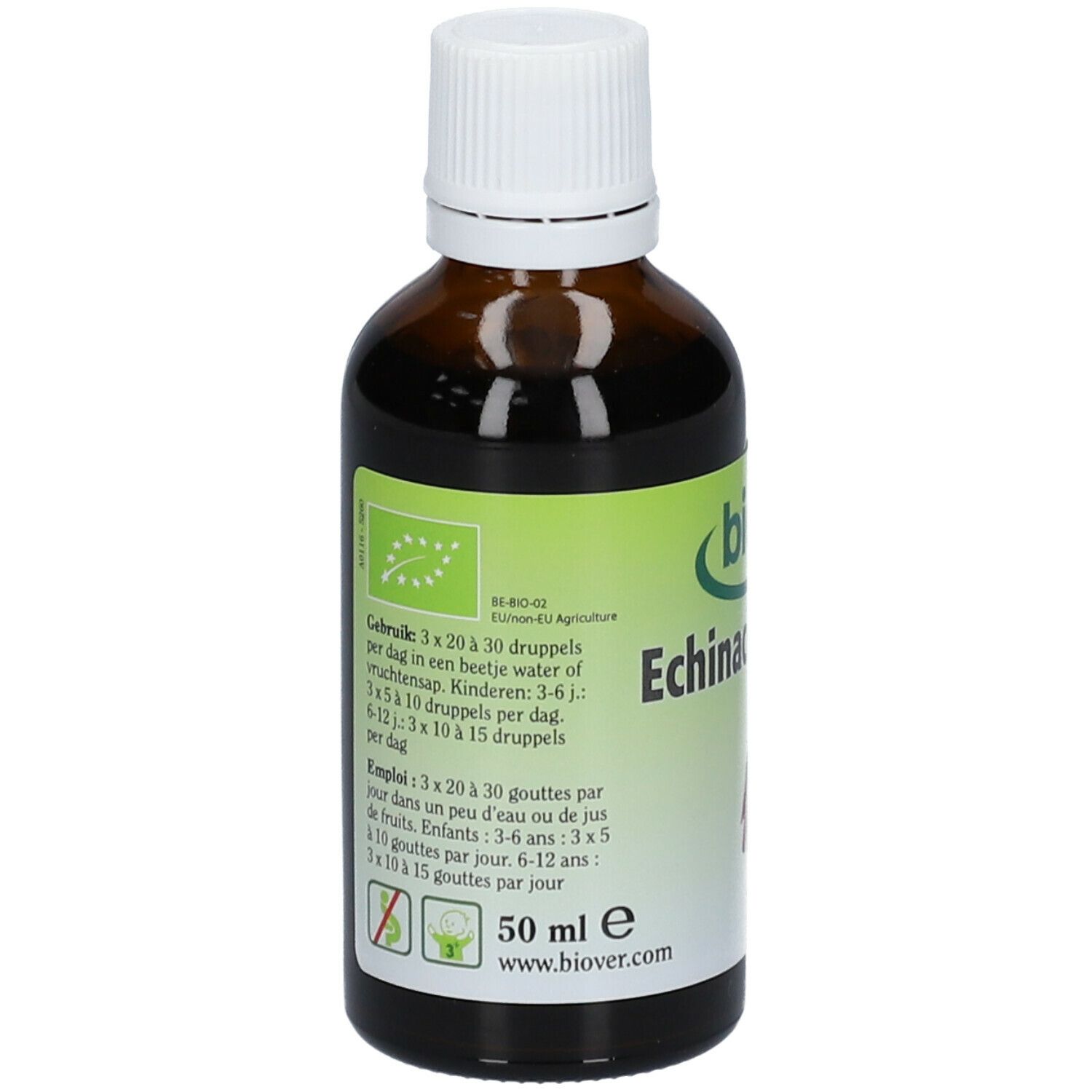 Bruine glazen fles met witte dop en etiket. Op het etiket: productnaam en afbeelding van een bloem.