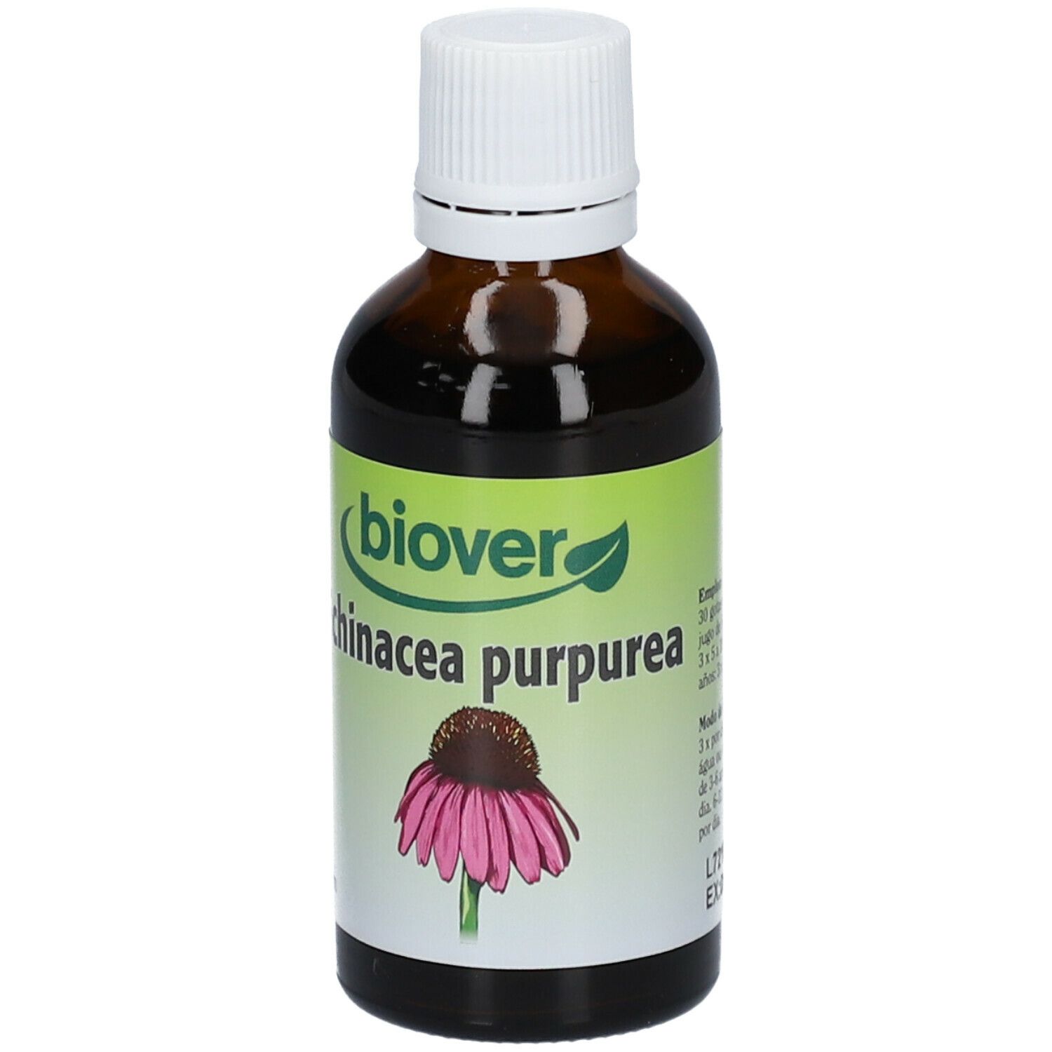 Bruine glazen fles met witte dop en etiket. Op het etiket: productnaam en afbeelding van een bloem.