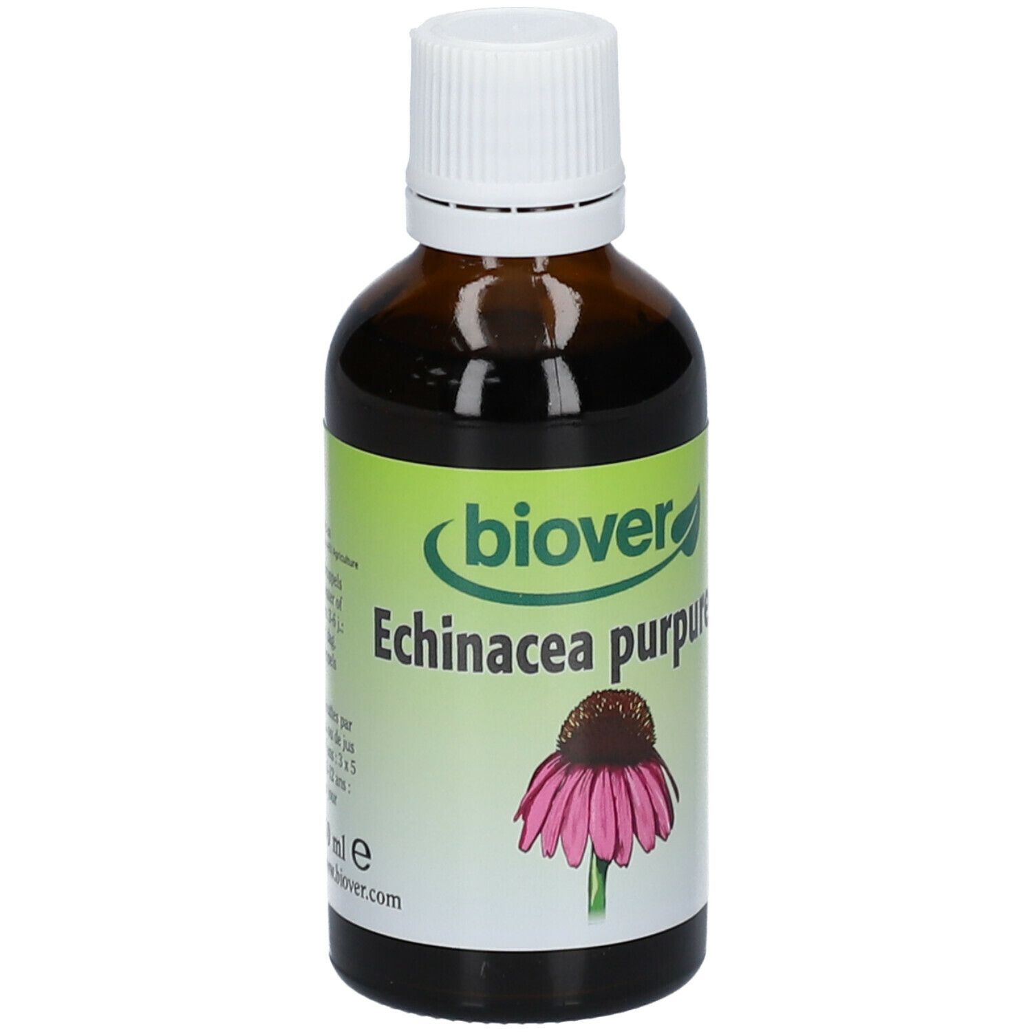 Bruine glazen fles met witte dop en etiket. Op het etiket: productnaam en afbeelding van een bloem.