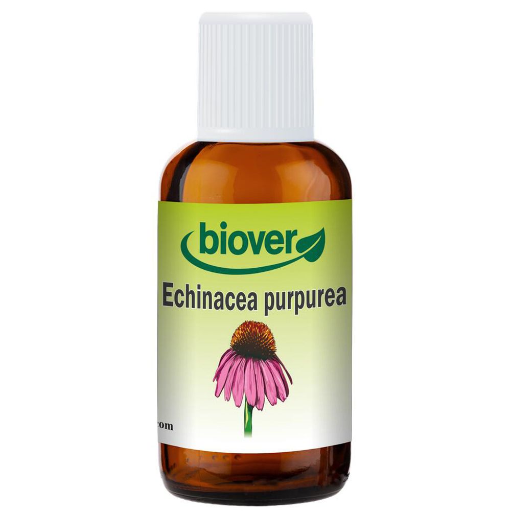 Bruine glazen fles met witte dop en etiket. Op het etiket: productnaam en afbeelding van een bloem.