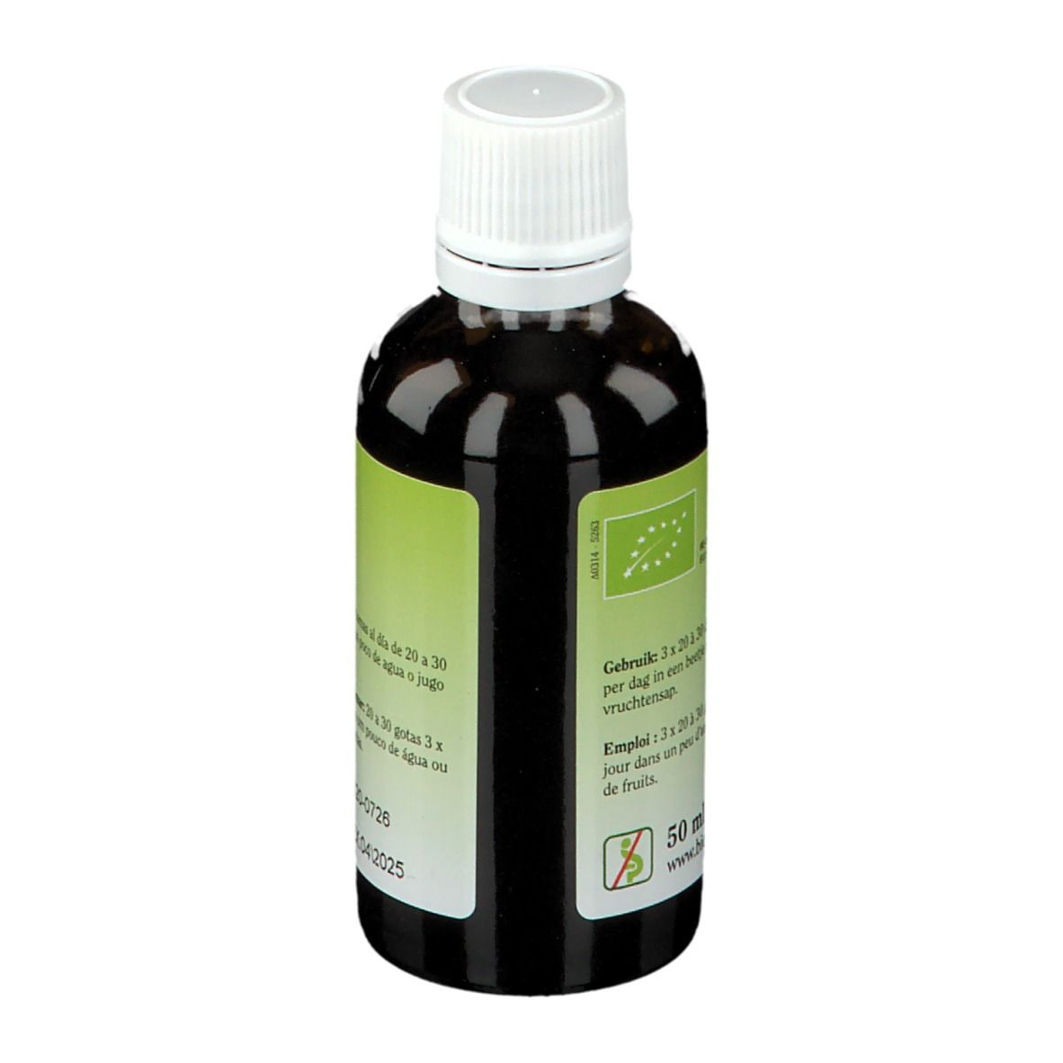 Dos d'un flacon brun avec bouchon blanc. Étiquette avec instructions de dosage, label bio et 50 ml.