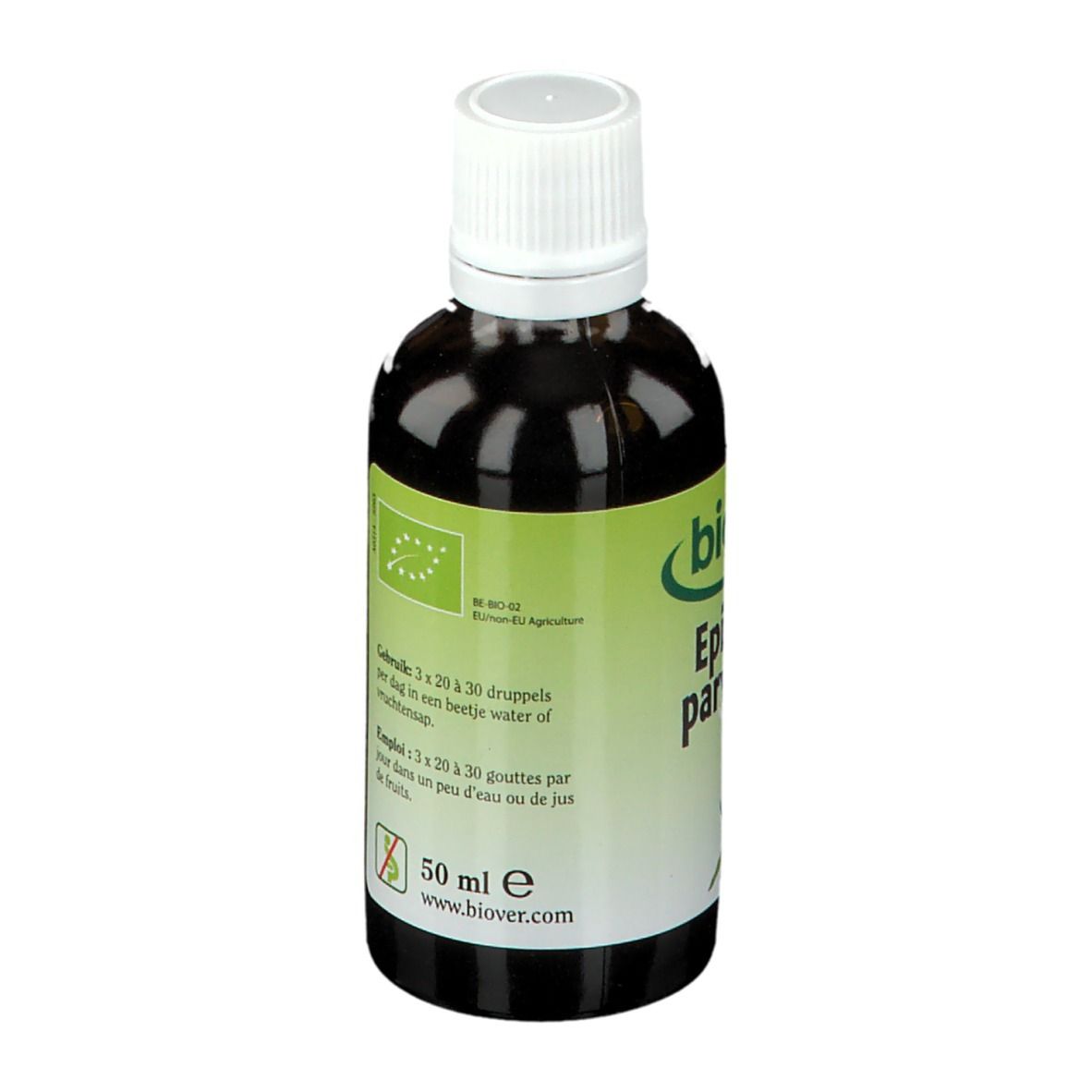 Flacon brun avec bouchon blanc. Étiquette avec label bio, instructions de dosage et 50 ml.