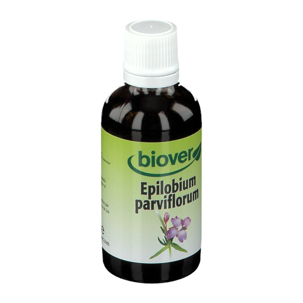 Flacon brun avec bouchon blanc. Étiquette avec "Biover Epilobium parviflorum" et illustration florale.