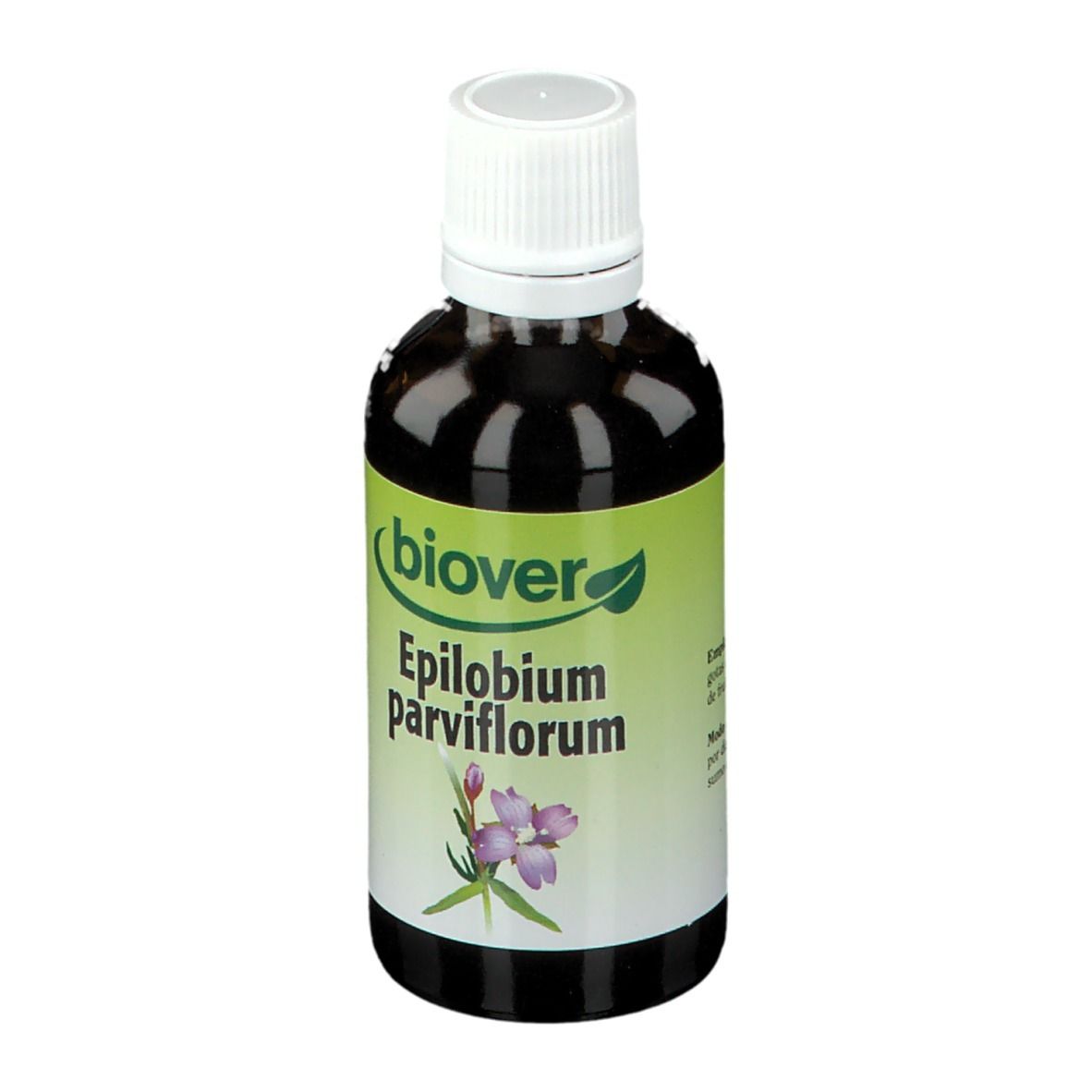 Flacon brun avec bouchon blanc. Étiquette avec "Biover Epilobium parviflorum" et illustration florale.