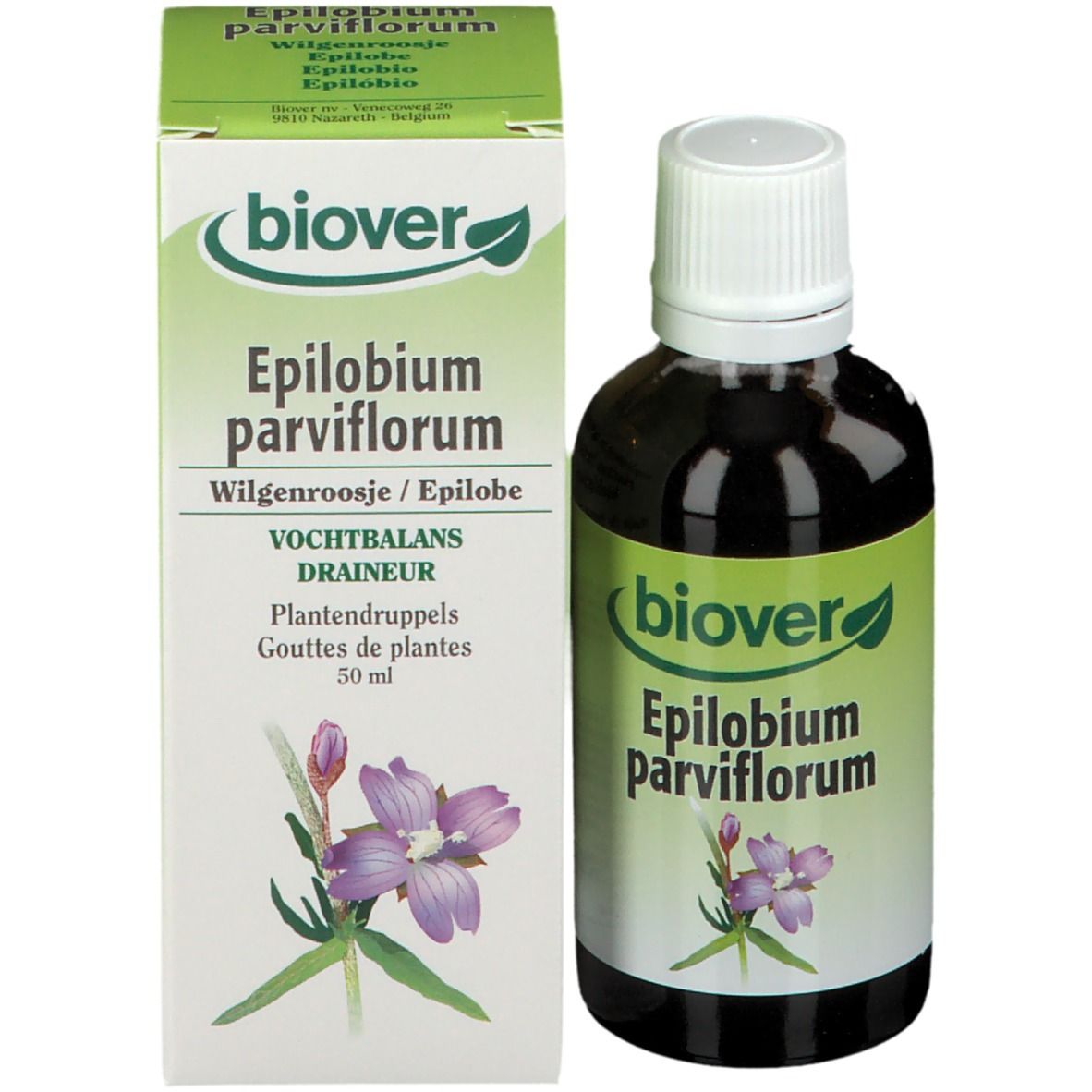 Flacon et boîte. Boîte avec "Biover Epilobium parviflorum", illustration florale et 50 ml.
