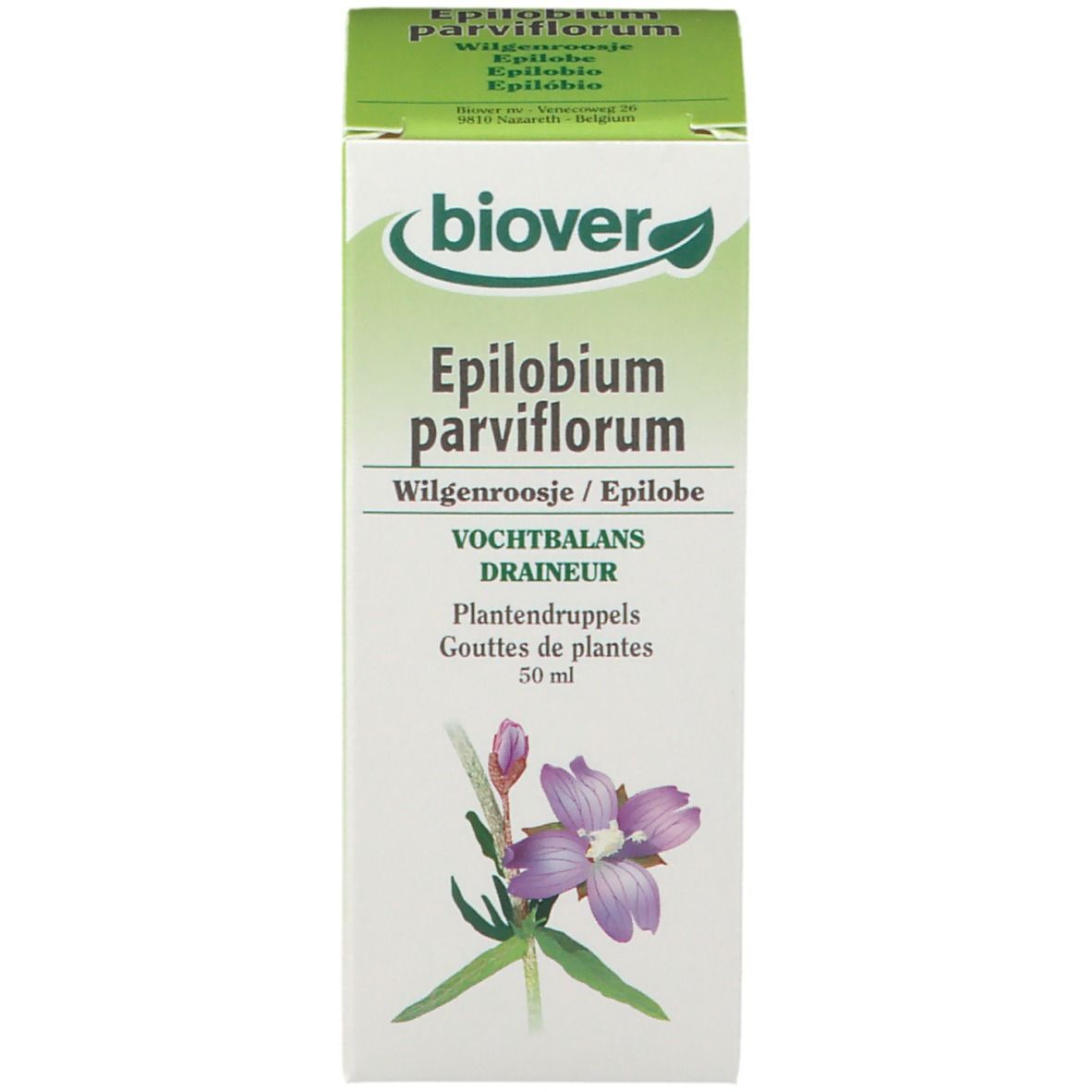 Boîte avec "Biover Epilobium parviflorum", illustration florale, 50 ml et texte en néerlandais.