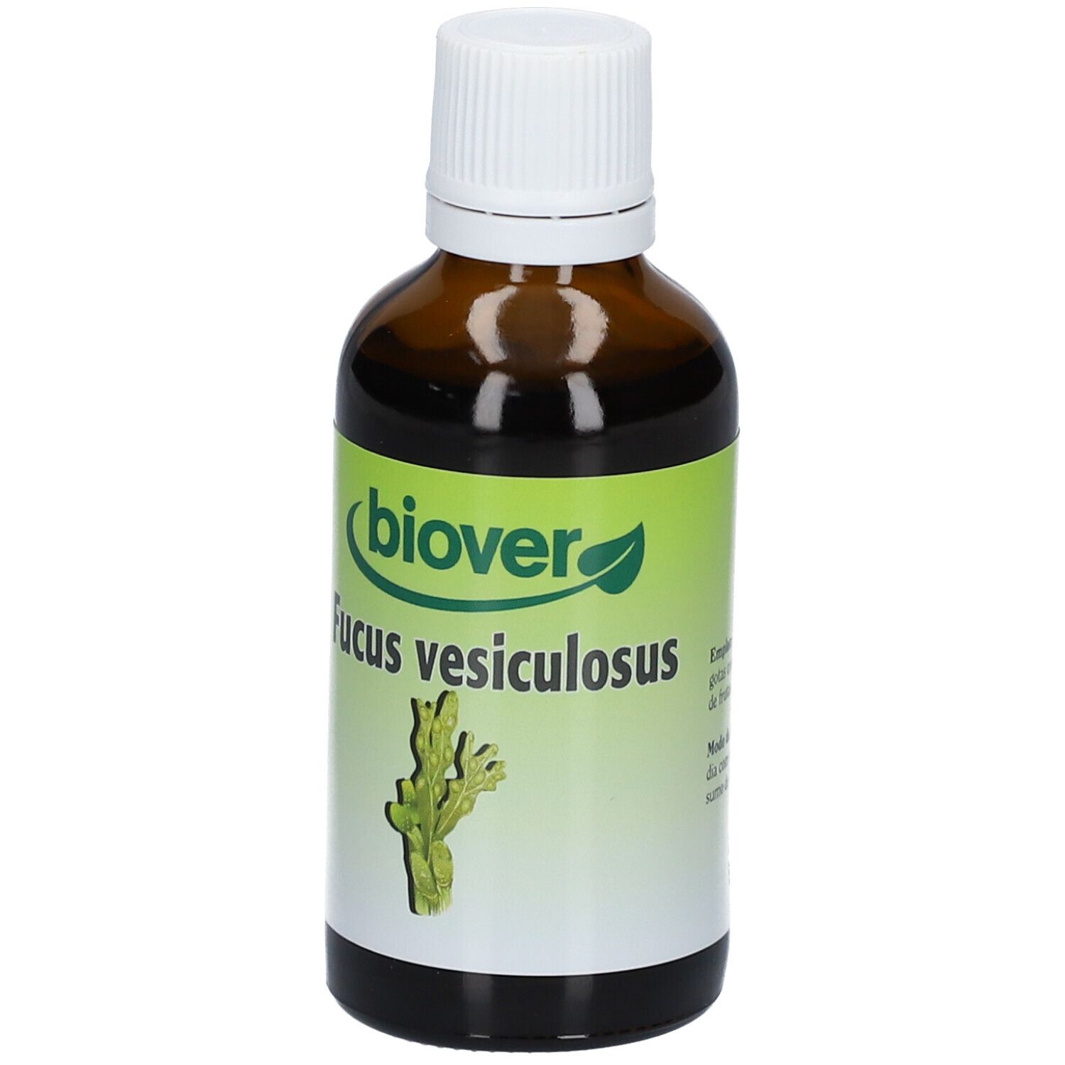 Braune Glasflasche mit weißem Deckel. Etikett mit Biover-Logo, Fucus vesiculosus und Dosierungsangaben.