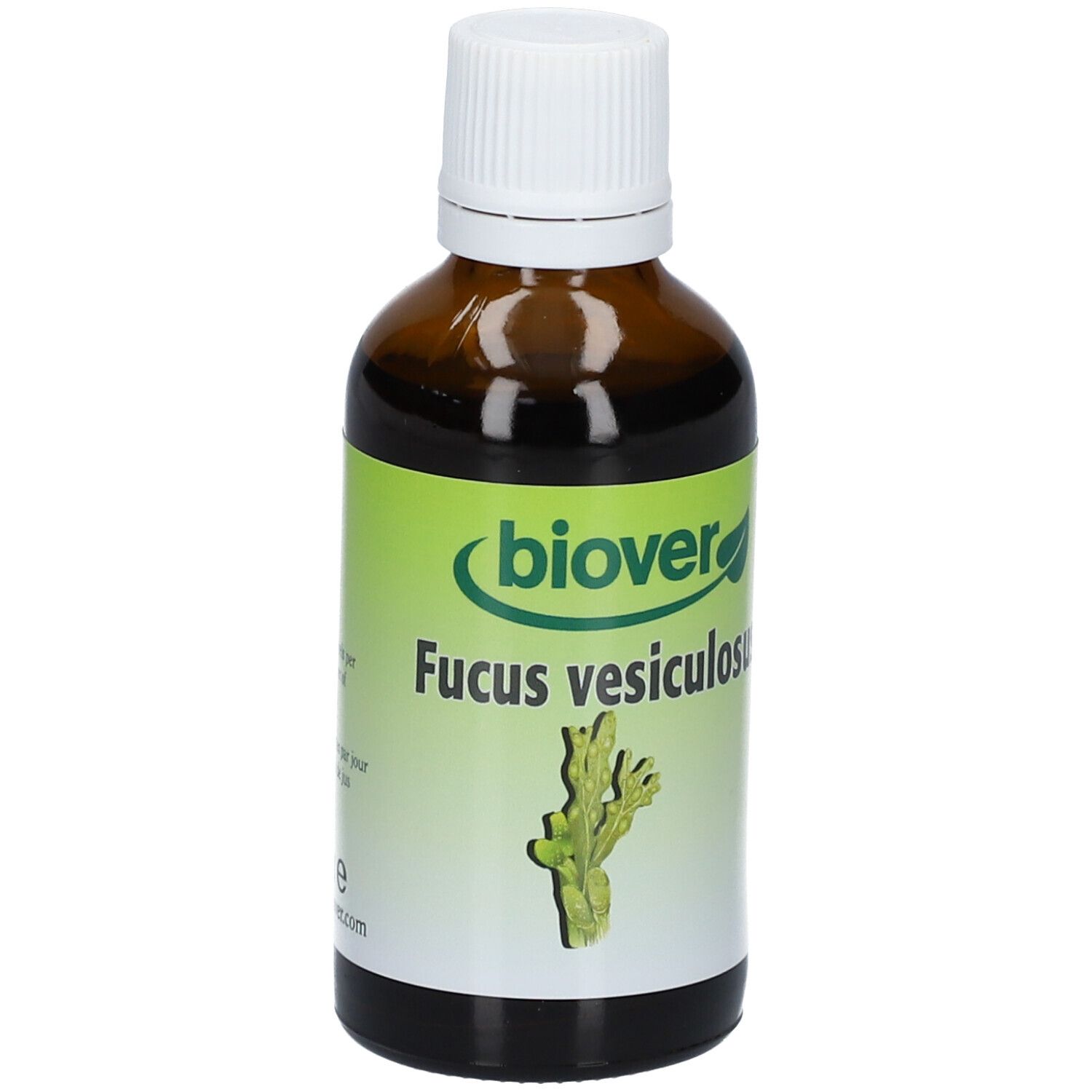 Braune Glasflasche mit weißem Deckel. Etikett mit Biover-Logo, Fucus vesiculosus und Algenabbildung.