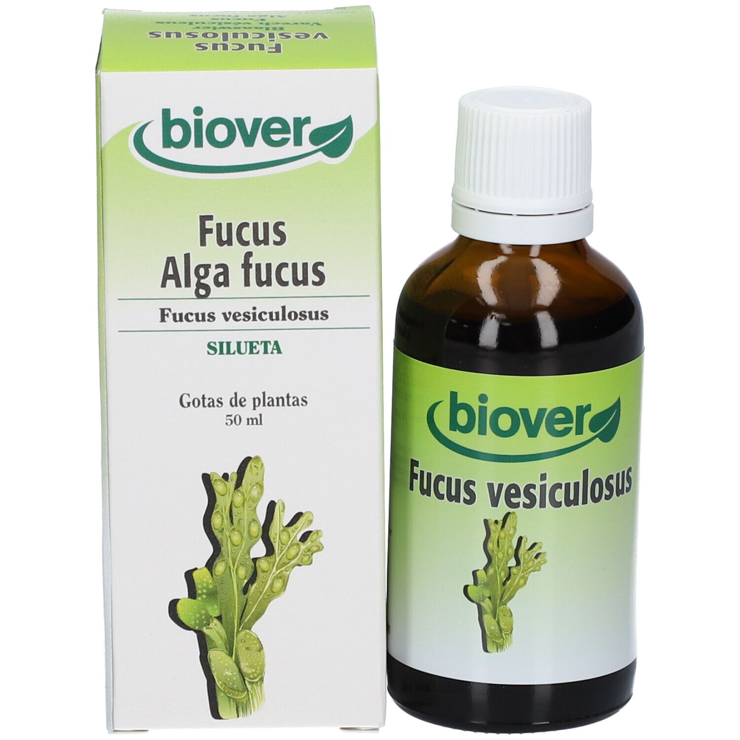 Biover-Produkt: Flasche und Schachtel. Braune Flasche mit weißem Deckel, daneben Schachtel mit Produktnamen.