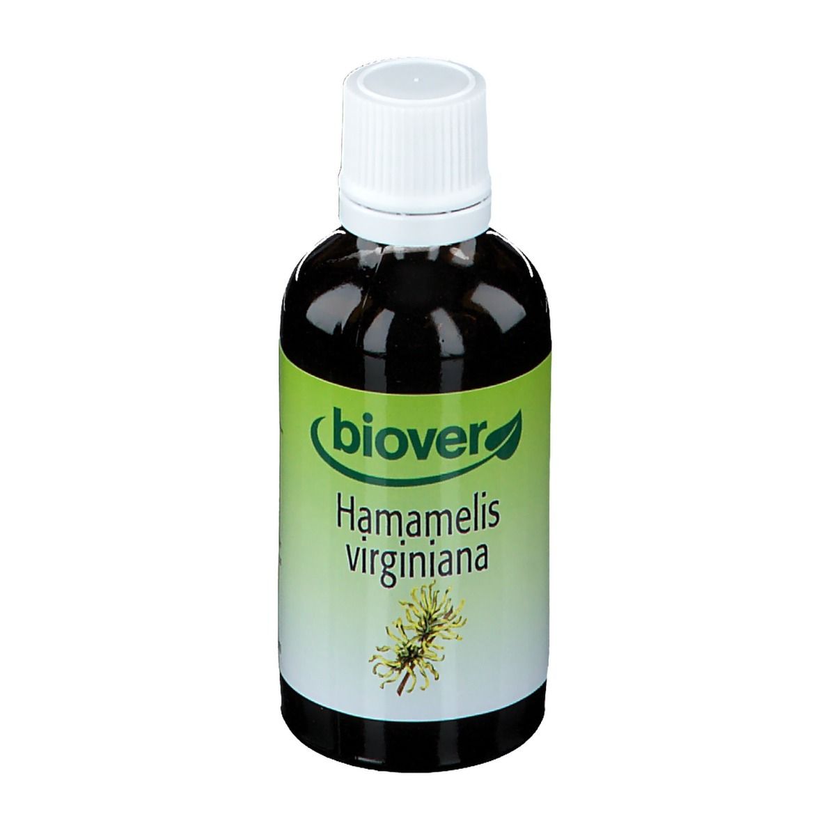 Biover Hamamelis, flacon en verre brun avec bouchon à vis blanc. Inscription: Hamamelis virginiana.
