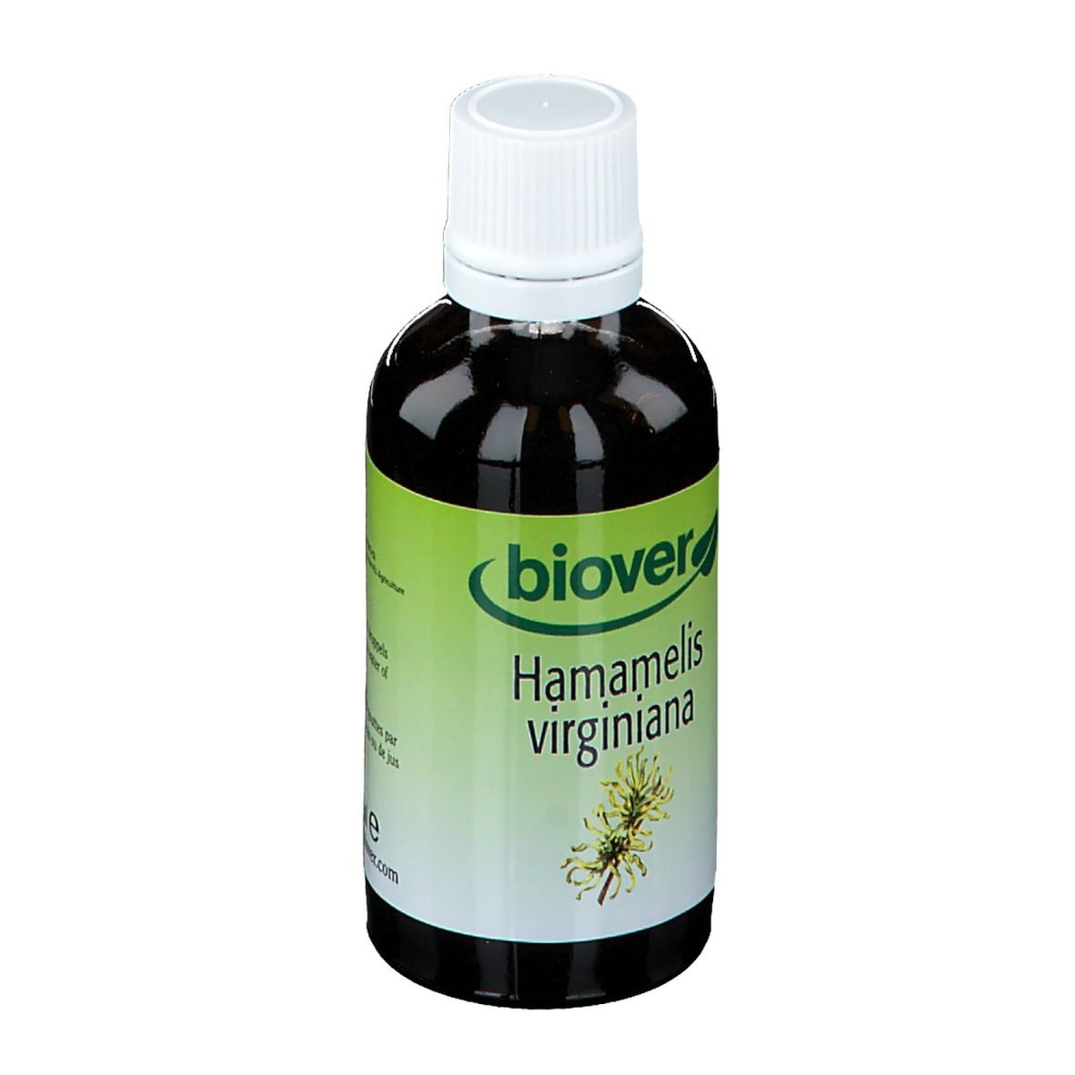 Biover Hamamelis, flacon en verre brun avec bouchon à vis blanc. Inscription: Hamamelis virginiana.