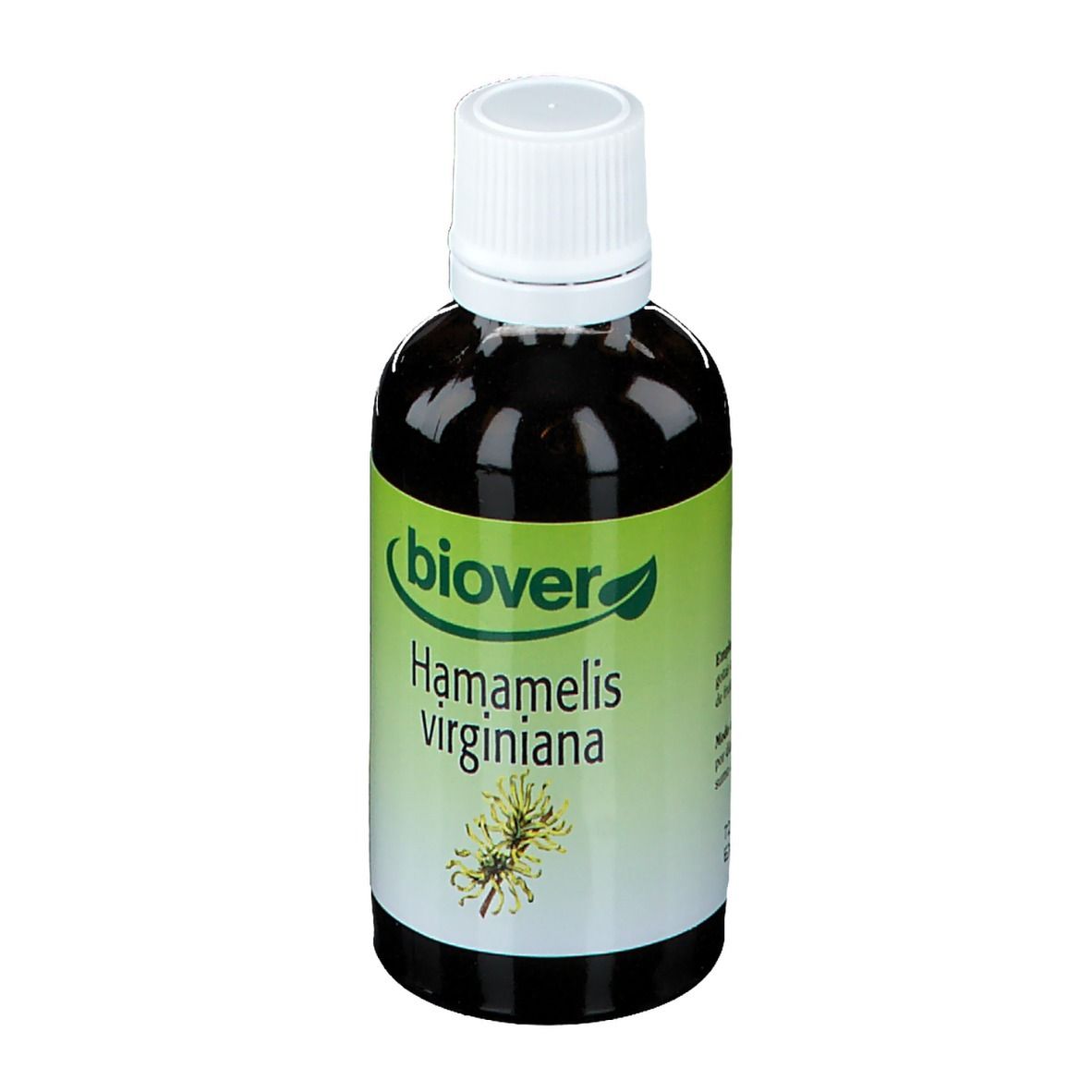 Biover Hamamelis, flacon en verre brun avec bouchon à vis blanc. Inscription: Hamamelis virginiana.