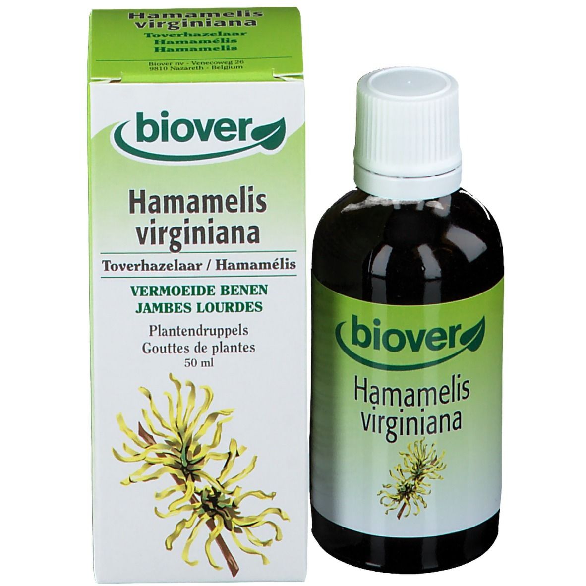 Biover Hamamelis, flacon et emballage carton. Inscription: Hamamelis virginiana, 50 ml.