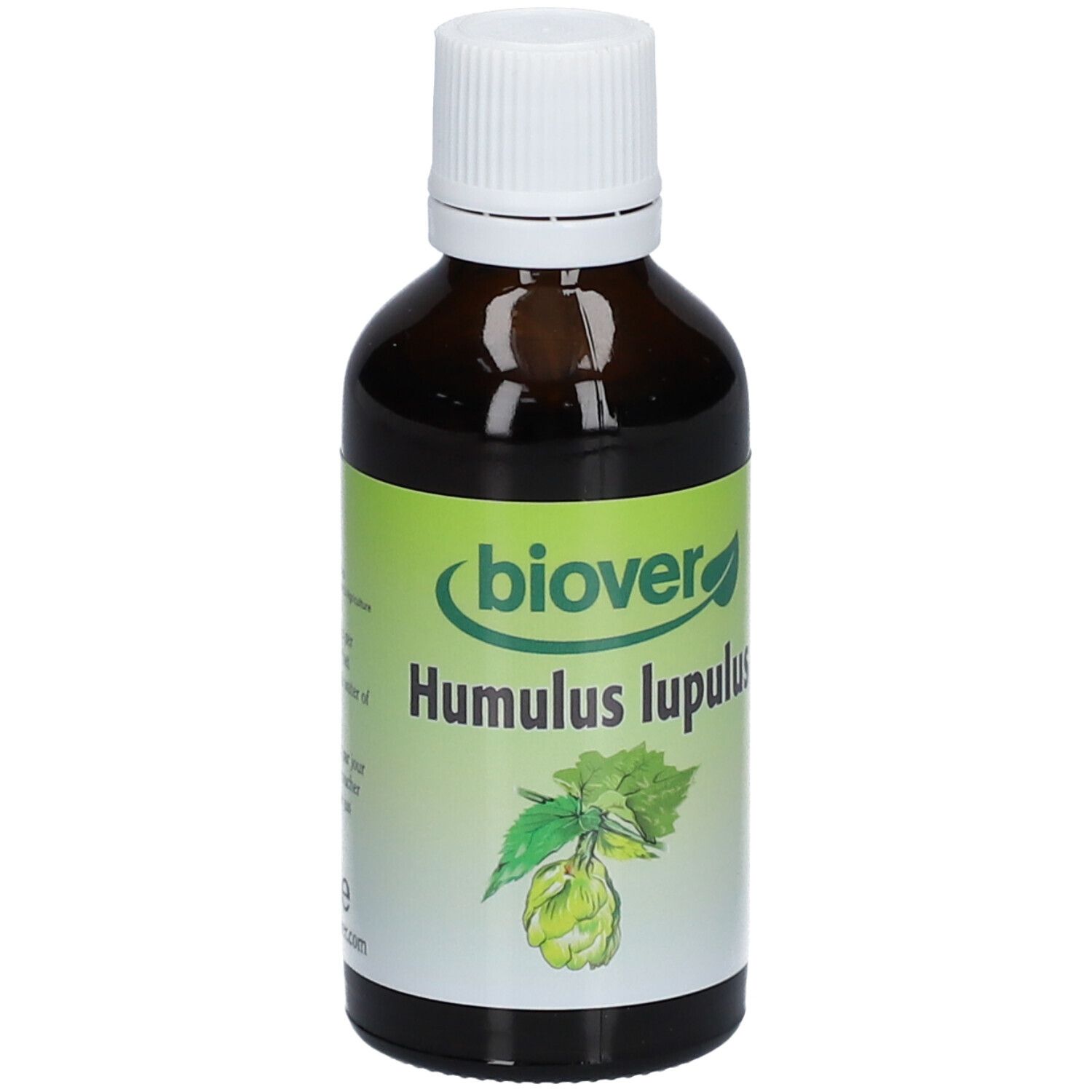 Braunglasflasche mit weißem Verschluss. Etikett mit "biover", "Humulus lupulus" und Hopfen-Illustration.