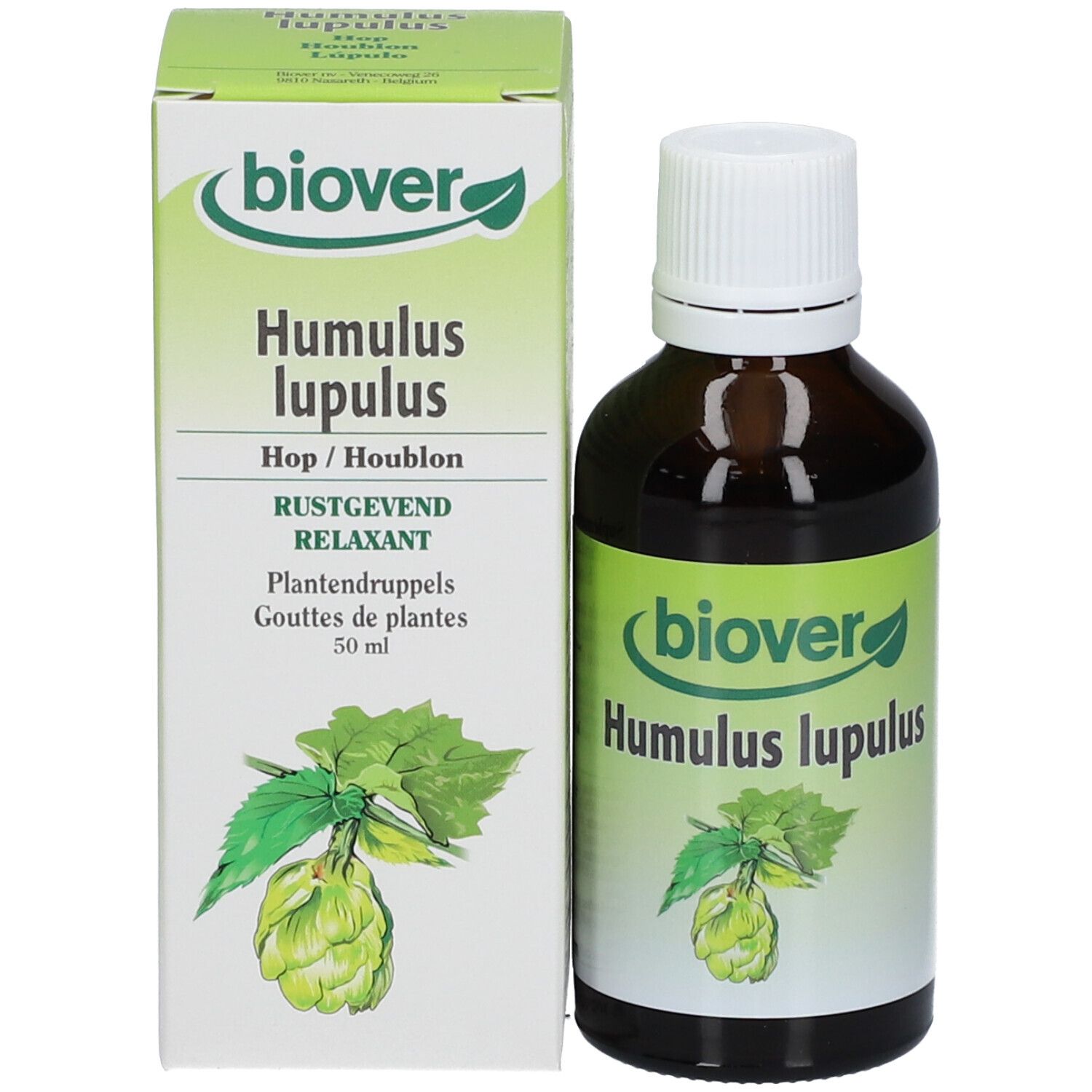 Produktverpackung und Flasche. Verpackung mit "biover", "Humulus lupulus", Hopfen-Illustration und 50 ml.