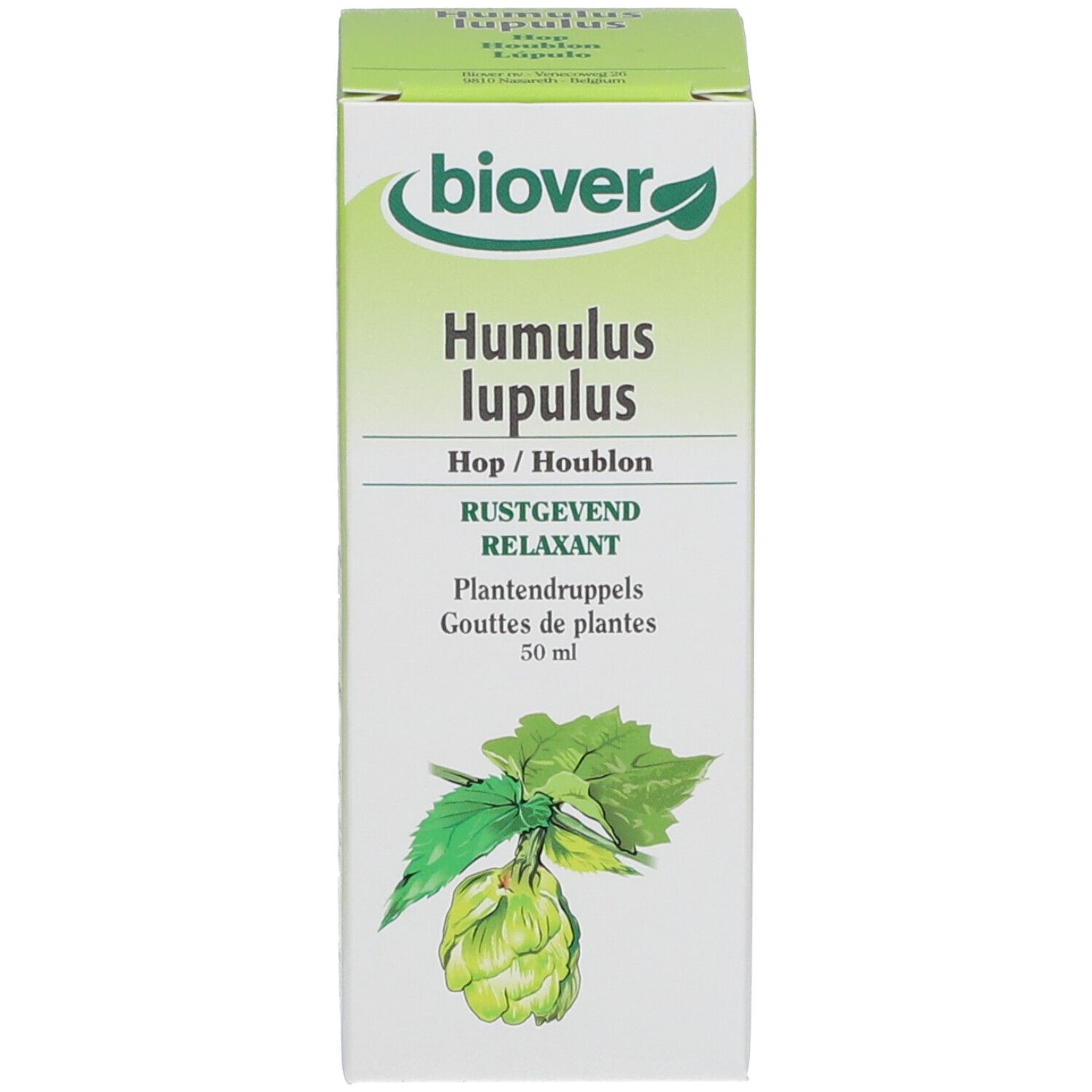 Produktverpackung. Verpackung mit "biover", "Humulus lupulus", Hopfen-Illustration und 50 ml.