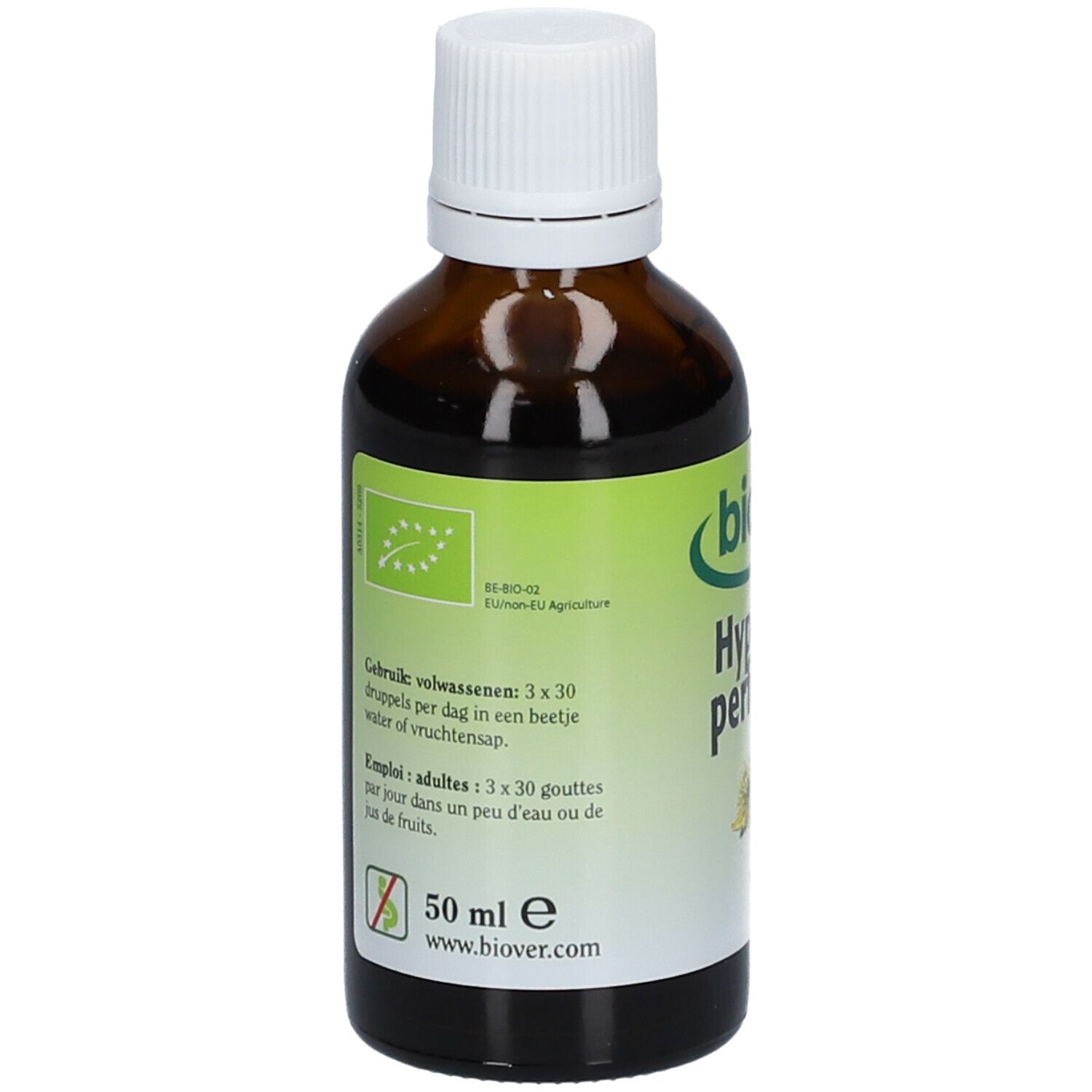 Achterkant van een bruine glazen fles met witte dop. Etiket met tekst en EU-bio logo. 50 ml.