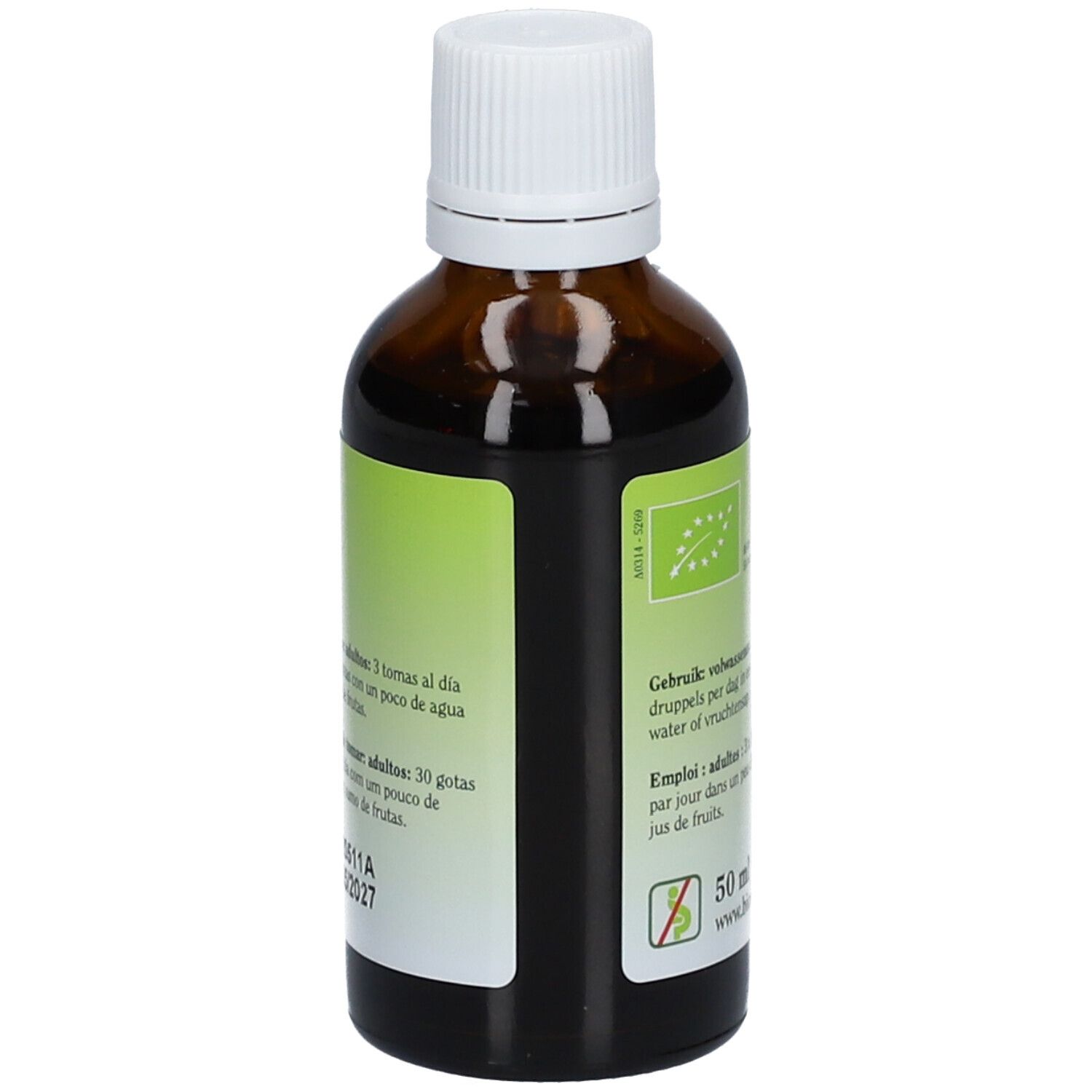 Achterkant van een bruine glazen fles met witte dop. Etiket met tekst en EU-bio logo. 50 ml.
