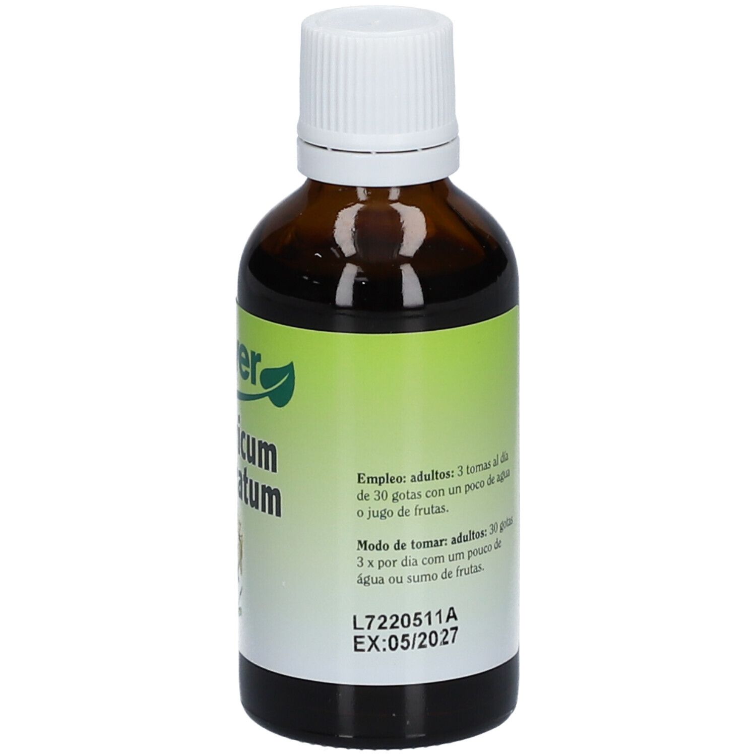 Achterkant van een bruine glazen fles met witte dop. Etiket met tekst. 50 ml. Houdbaar tot 05/2027.
