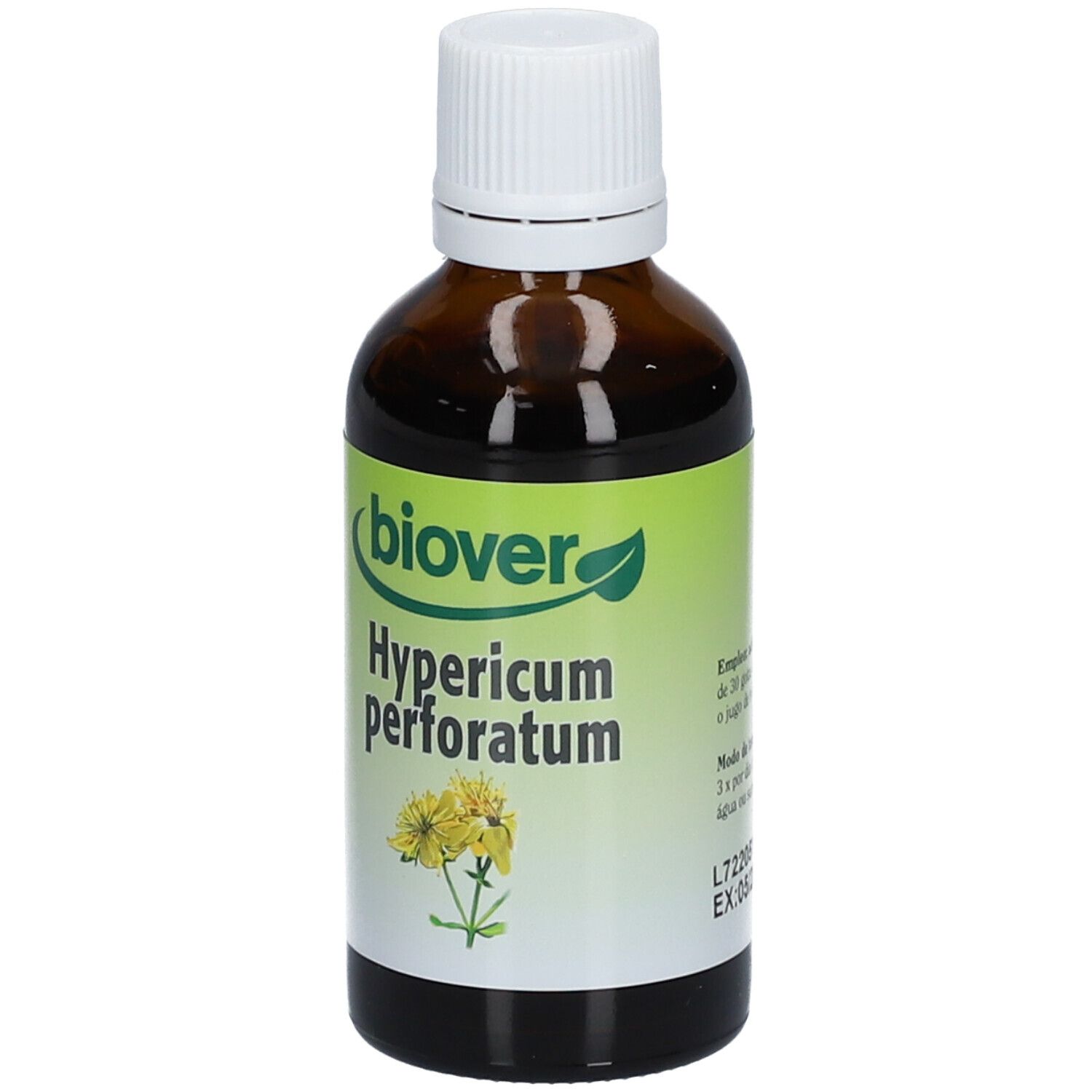 Bruine glazen fles met witte dop. Etiket met productnaam en logo. Gele bloem. 50 ml.