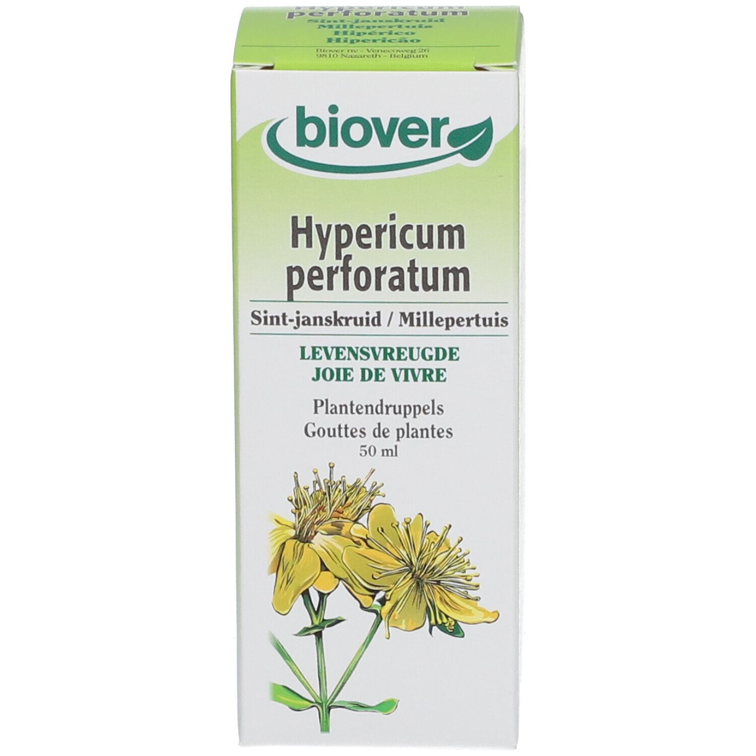 Productverpakking. Doos met logo, productnaam, illustratie van een gele bloem. 50 ml.